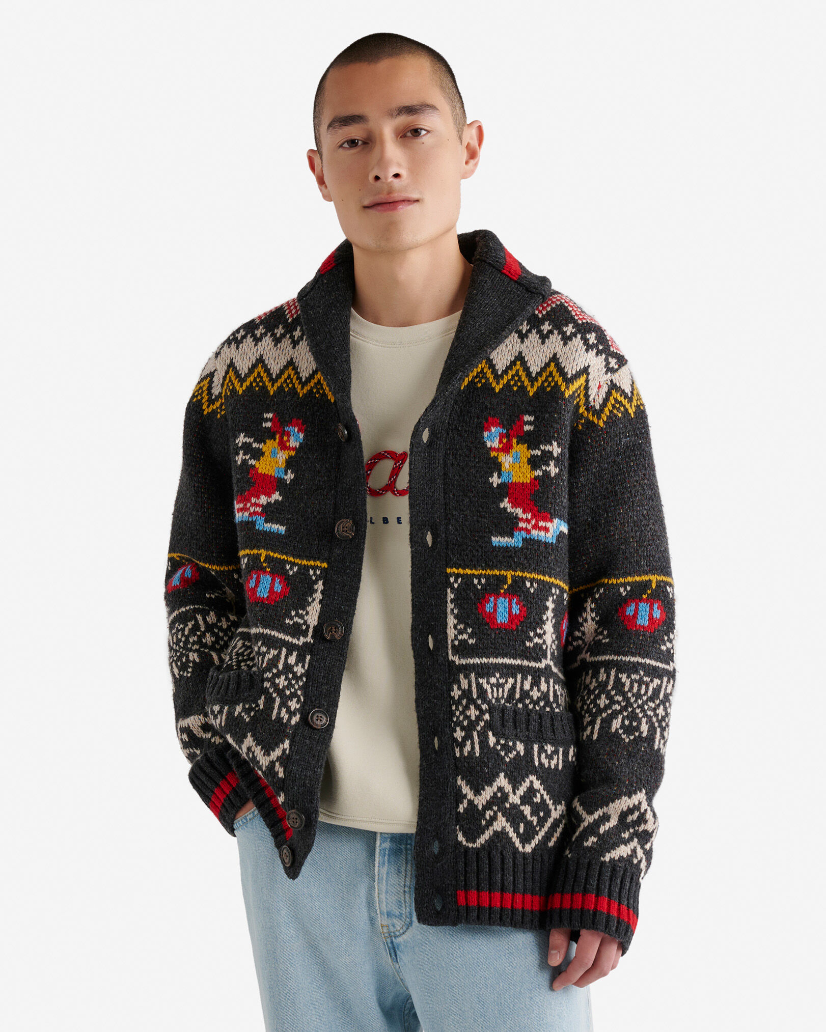 Roots Cabin Shawl Fair Isle Cardigan Shirt in Black Mix
