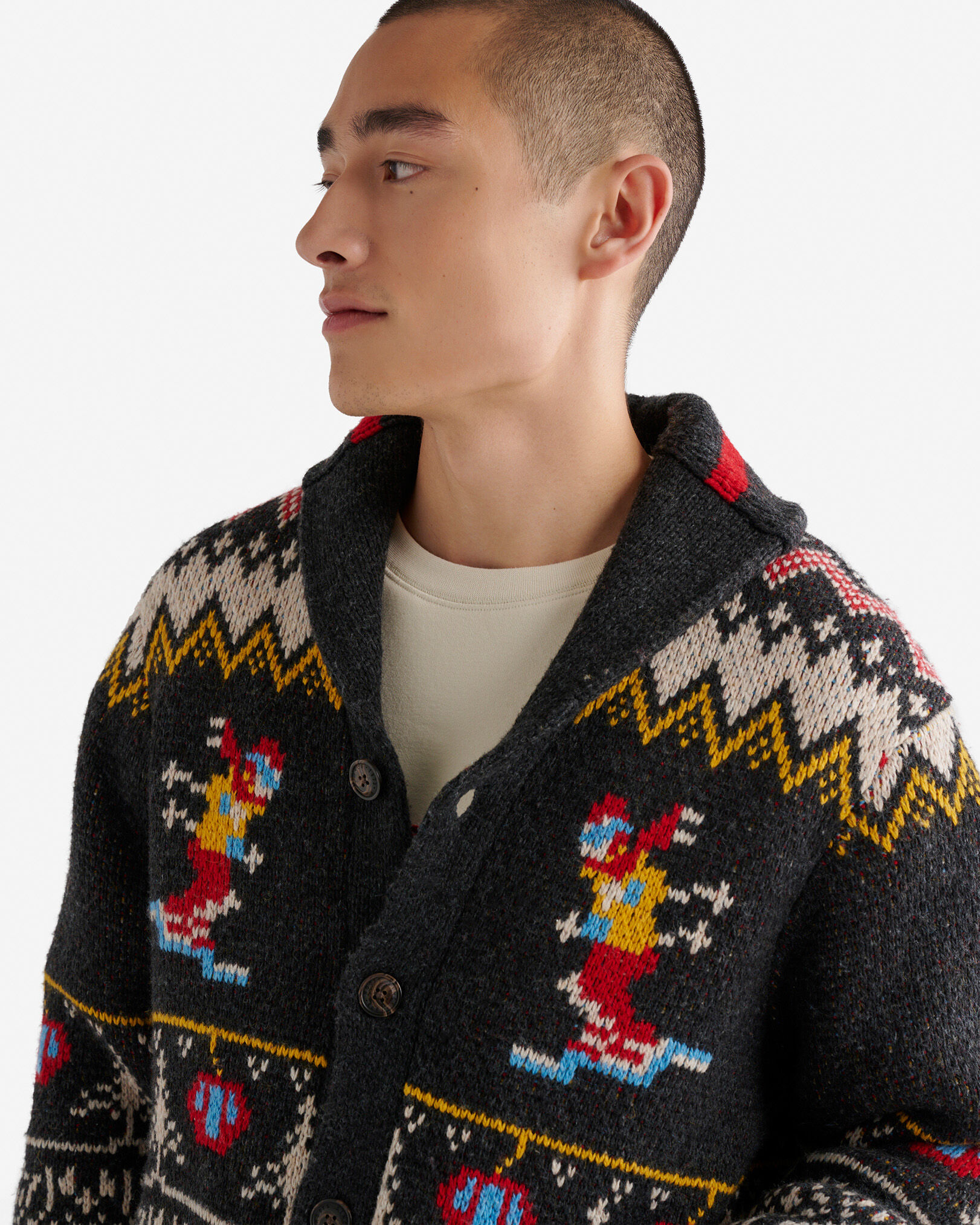 Roots Cabin Shawl Fair Isle Cardigan Shirt in Black Mix