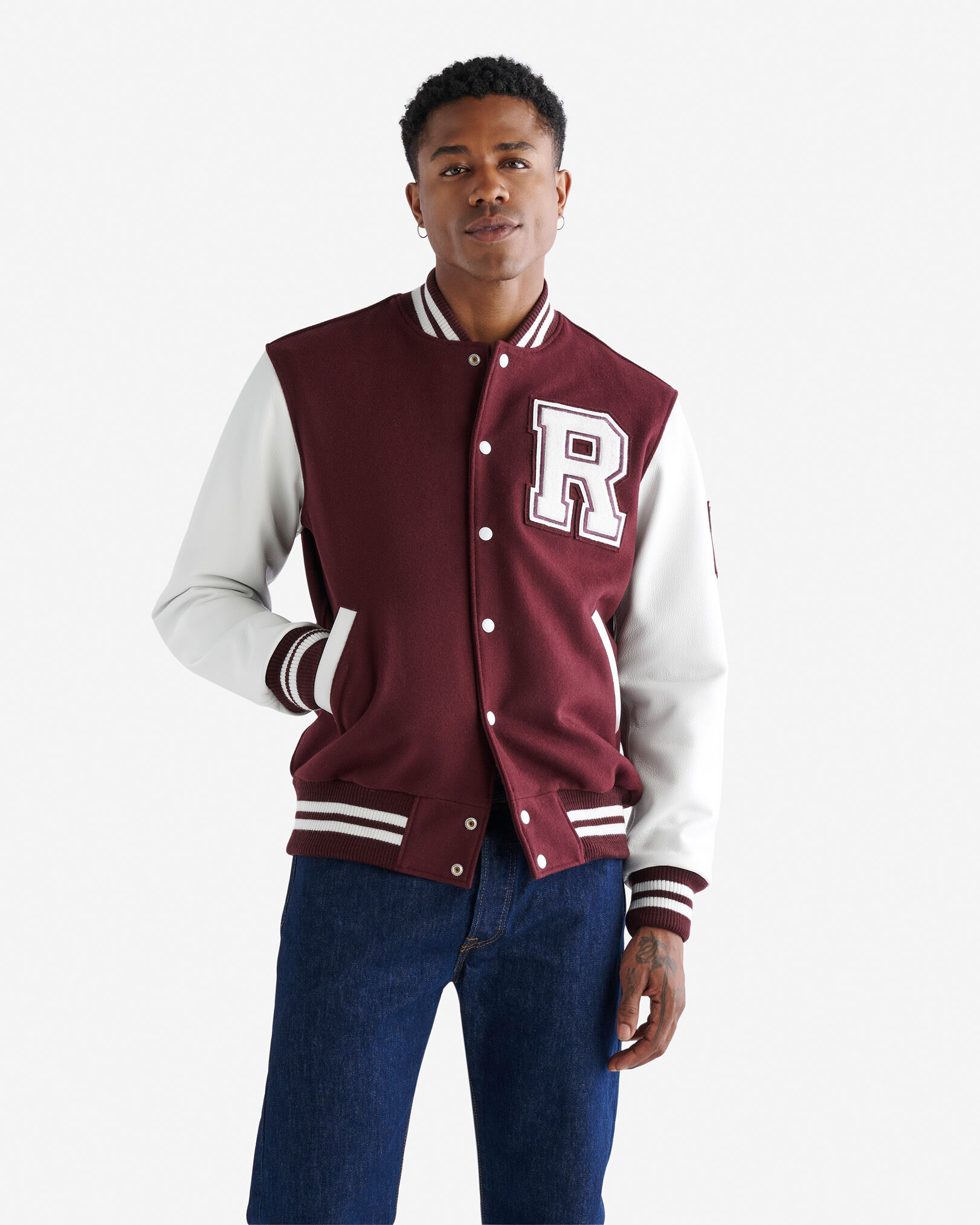 Roots Men s Vintage Varsity Jacket in Maroon White