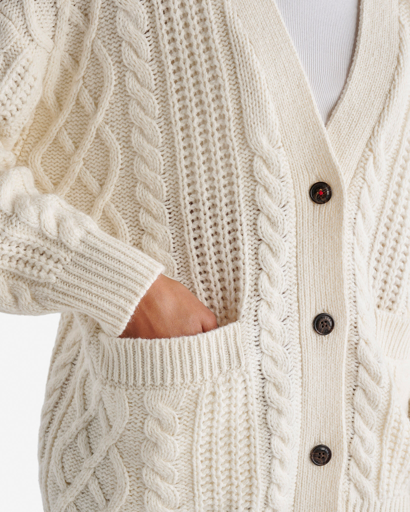 White cable knit cardigan sweater top