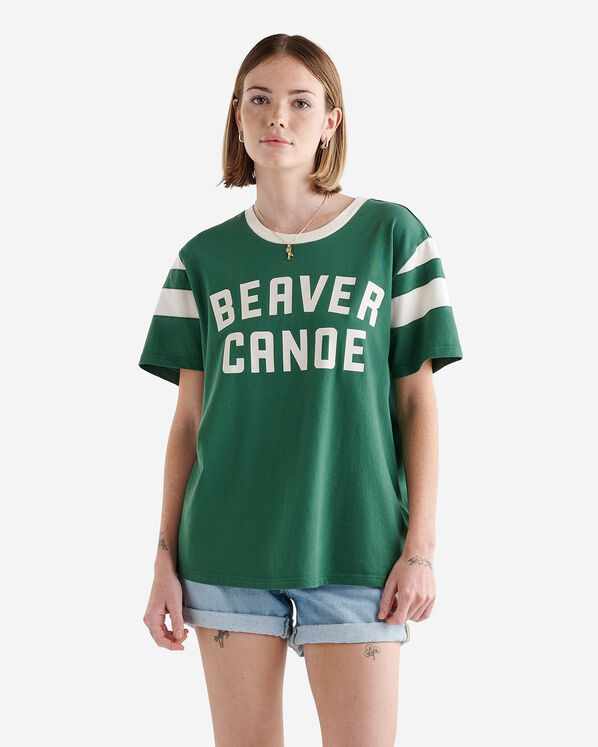 Womens Beaver Canoe Stripe Sleeve T-shirt