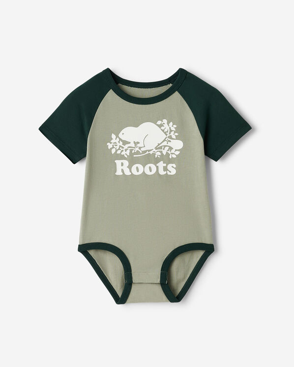 Baby Organic Cooper Baseball Short Sleeve Bodysuit - Shadow Green Baby Organic Cooper Baseball Short Sleeve Bodysuit - Shadow Green