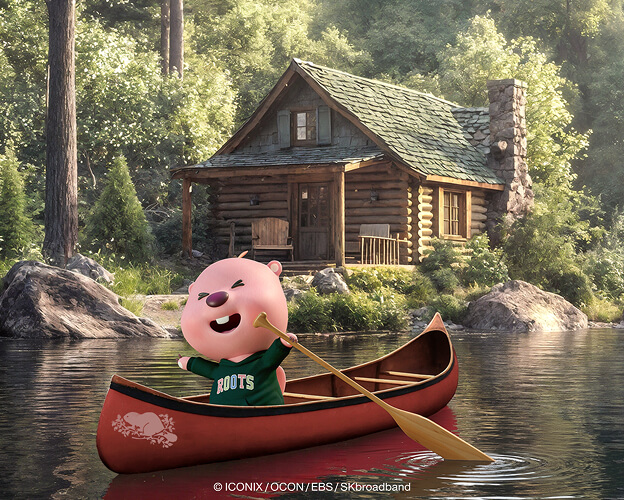 ZANMANG LOOPY in a canoe in front of a cabin by the water