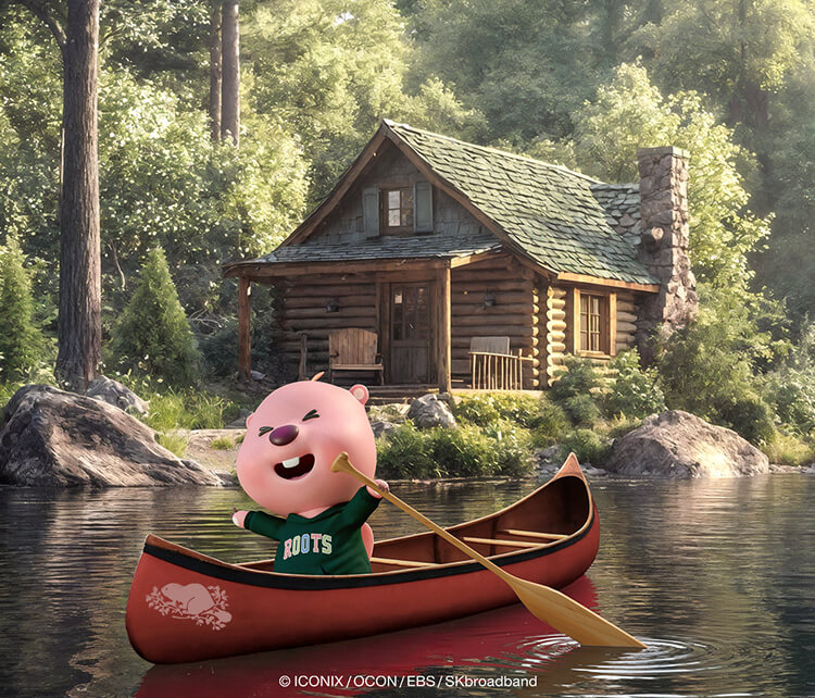 ZANMANG LOOPY in a canoe in front of a cabin by the water