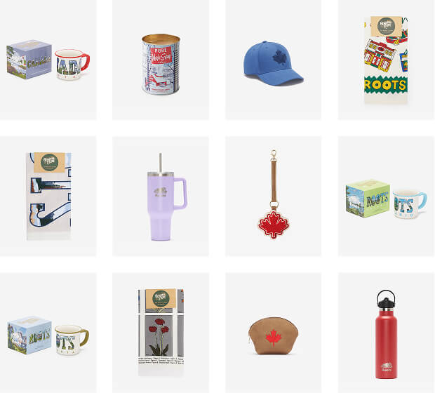 A selection of Roots teacher gifts including mugs, hats, accessories, drinkware, and gift items