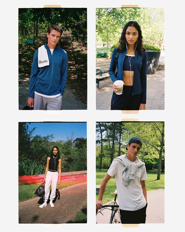 Models wearing Roots activewear outdoors.