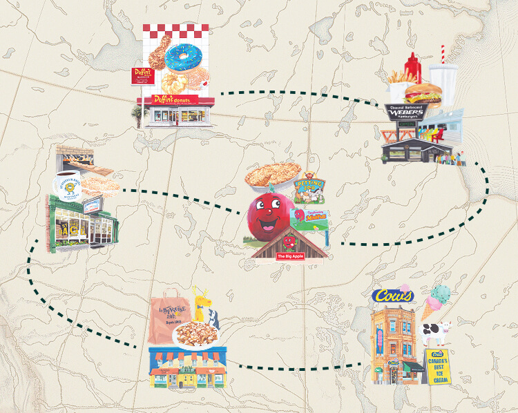 Map of six iconic Canadian food destinations featured in the Roots Pit Stops Summer '26 Collection