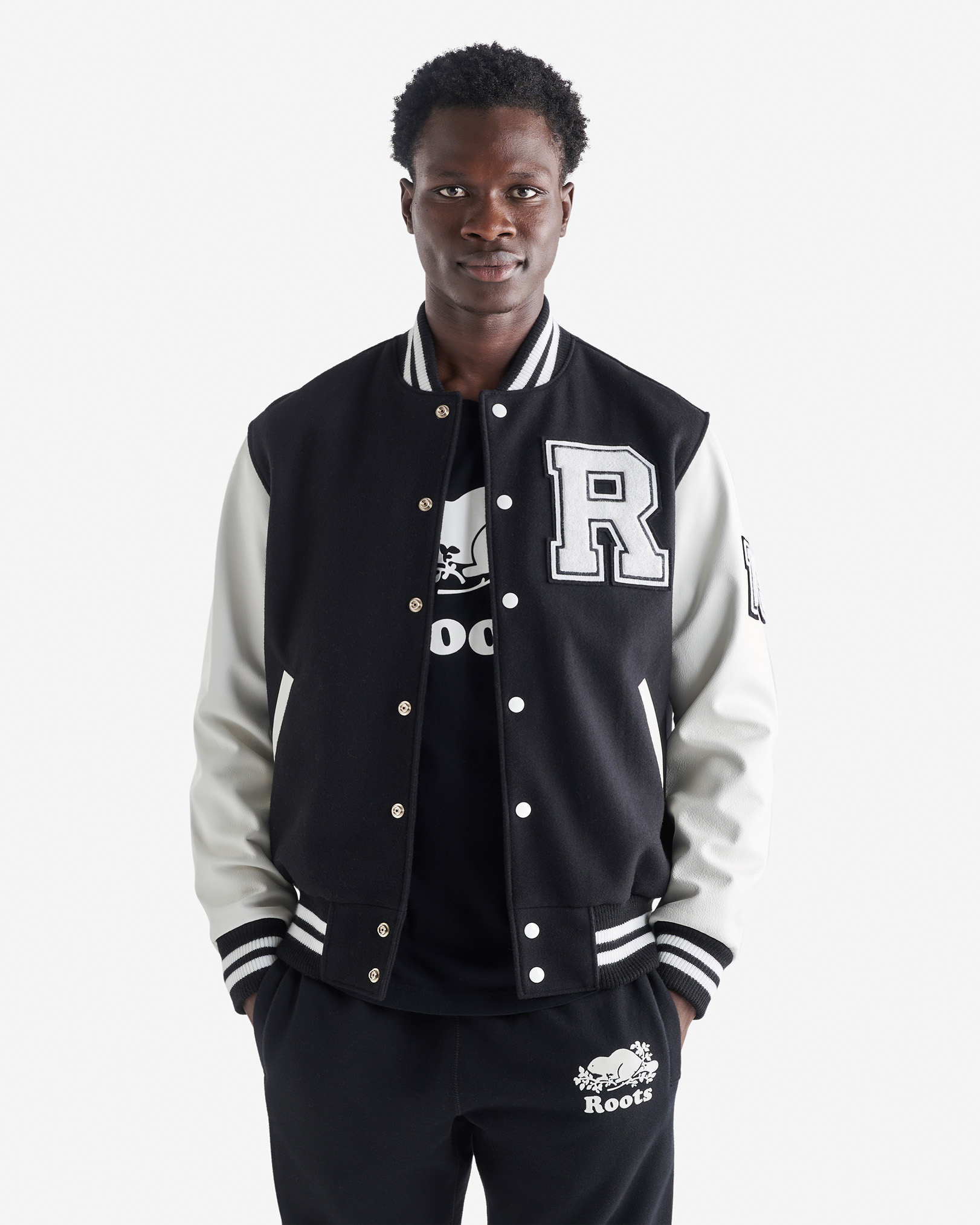 Roots Men's Vintage Varsity Jacket in Black/White