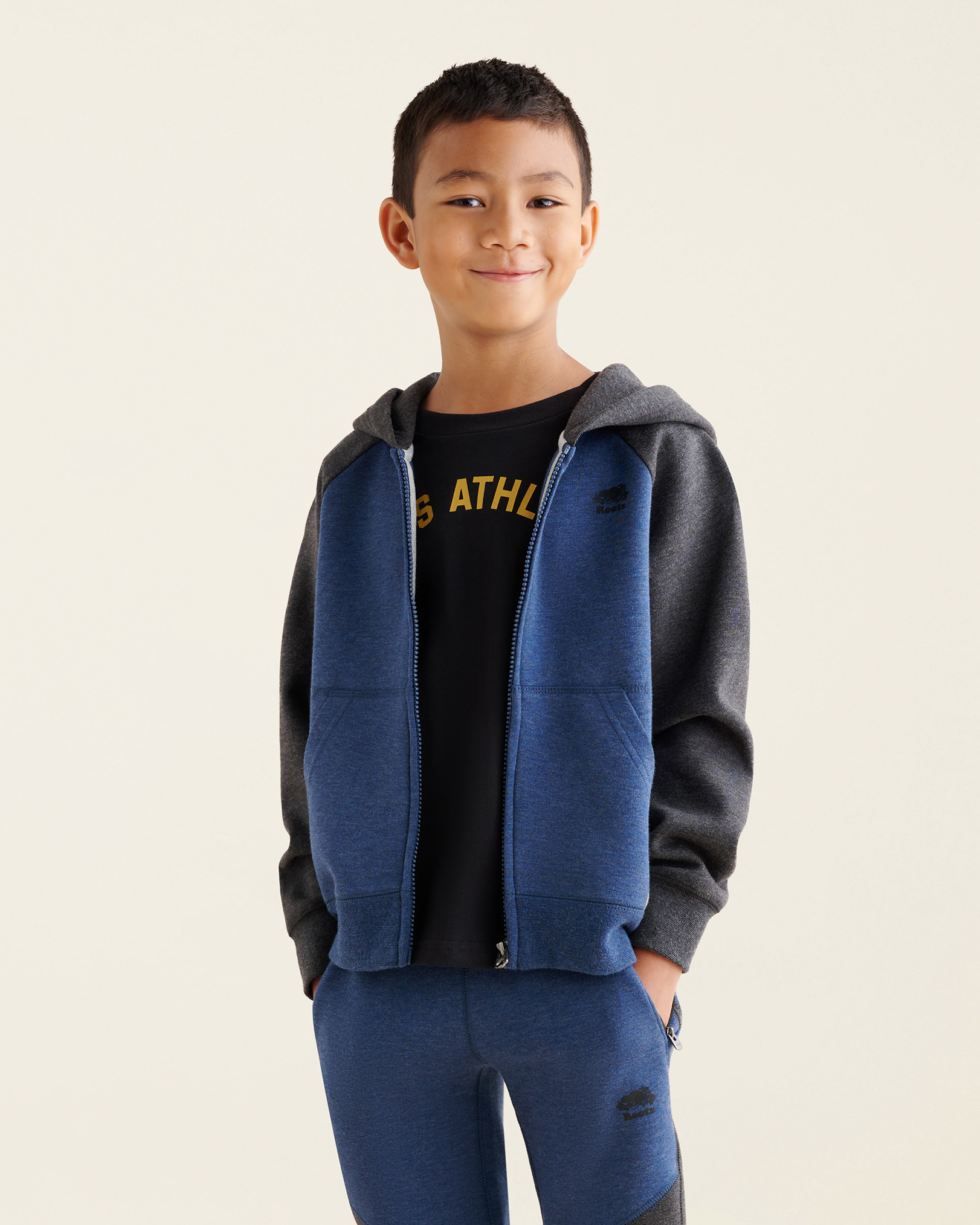 Roots Boy's Active Full Zip Hoodie in Insignia Blue Mix