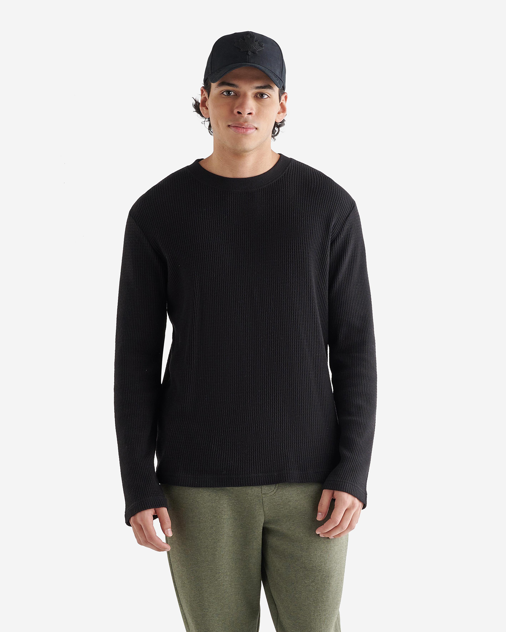 Roots Waffle Long Sleeve Crew Top in Black
