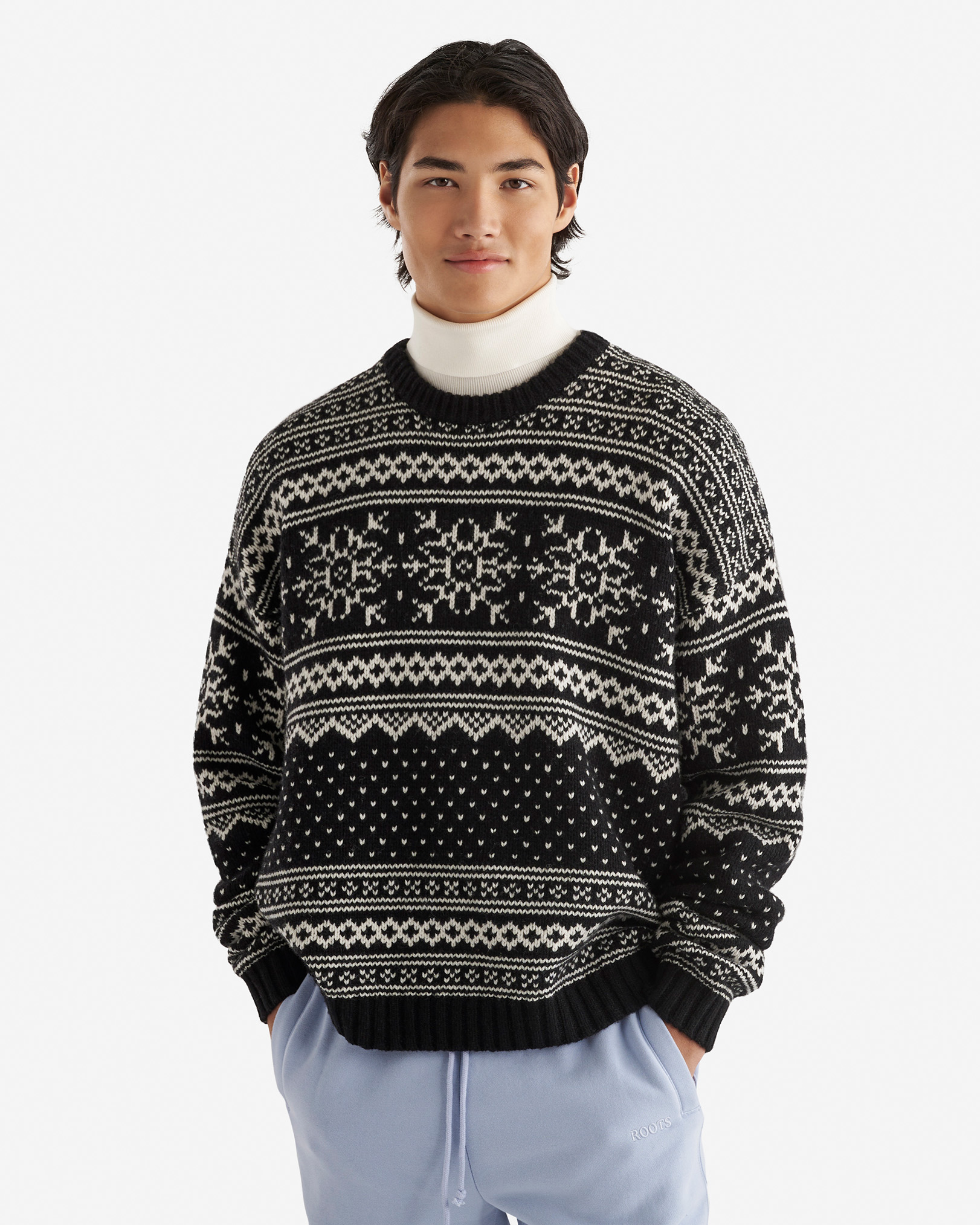 Roots Falling Snow Fair Isle Crew Shirt in Black/White