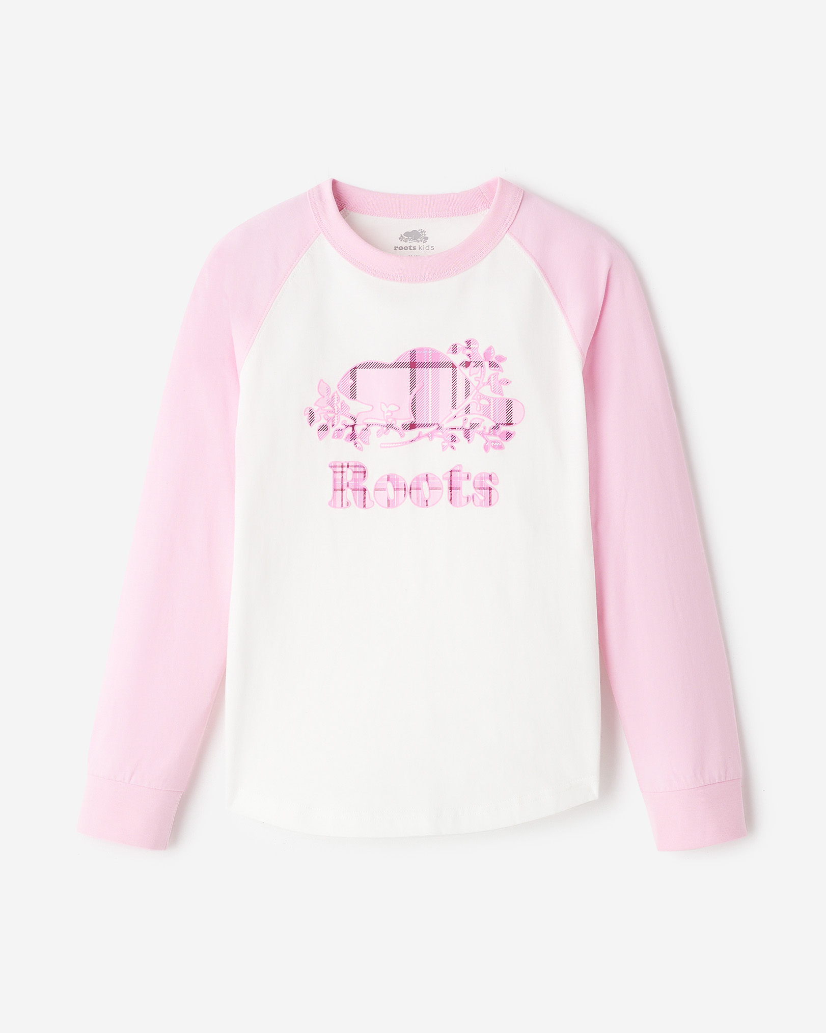 Roots Kids Plaid Baseball T-Shirt in Cotton Candy