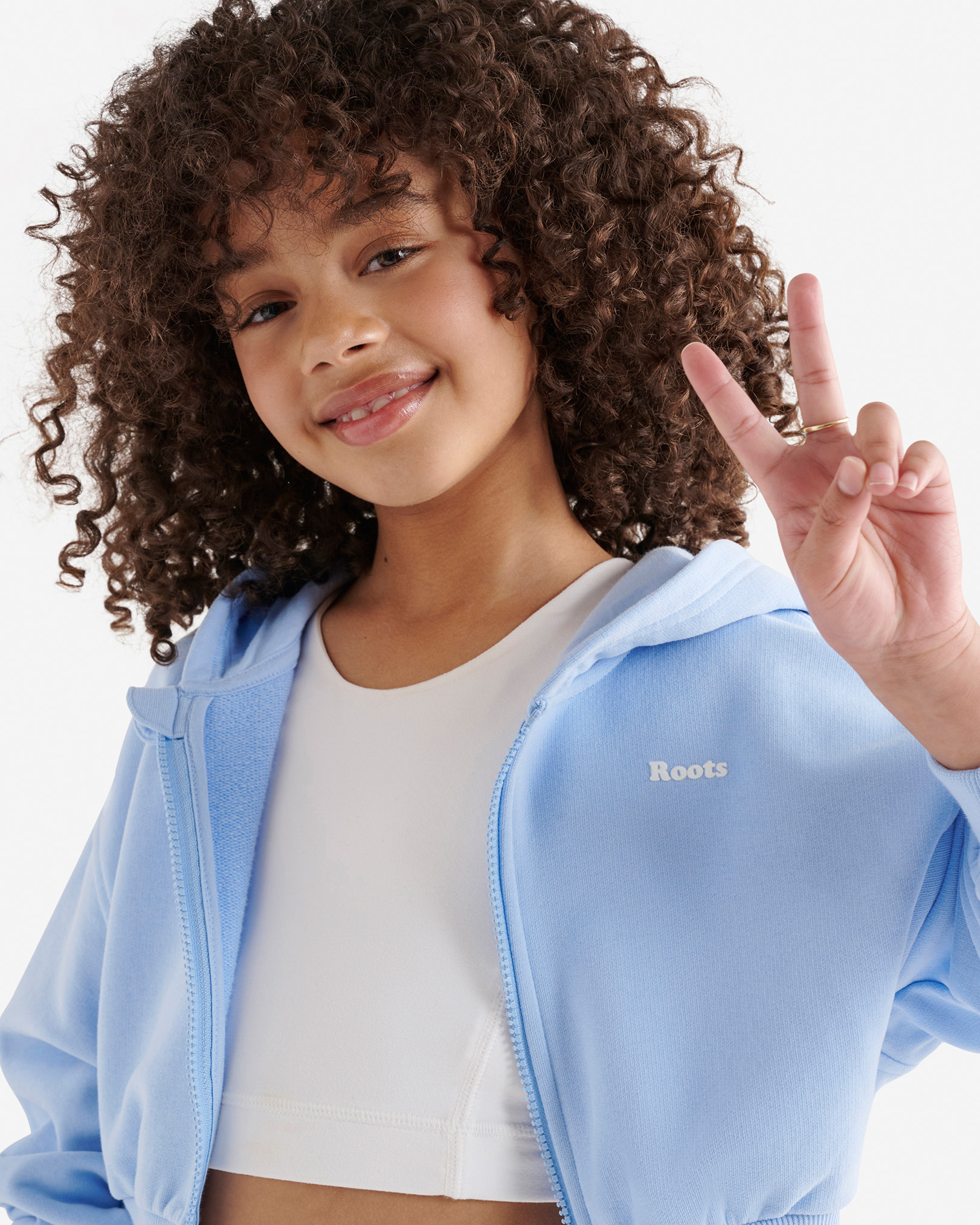 Roots Girl's Summer Cloud Cropped Bubble Full Zip Hoodie in Swiss Blue