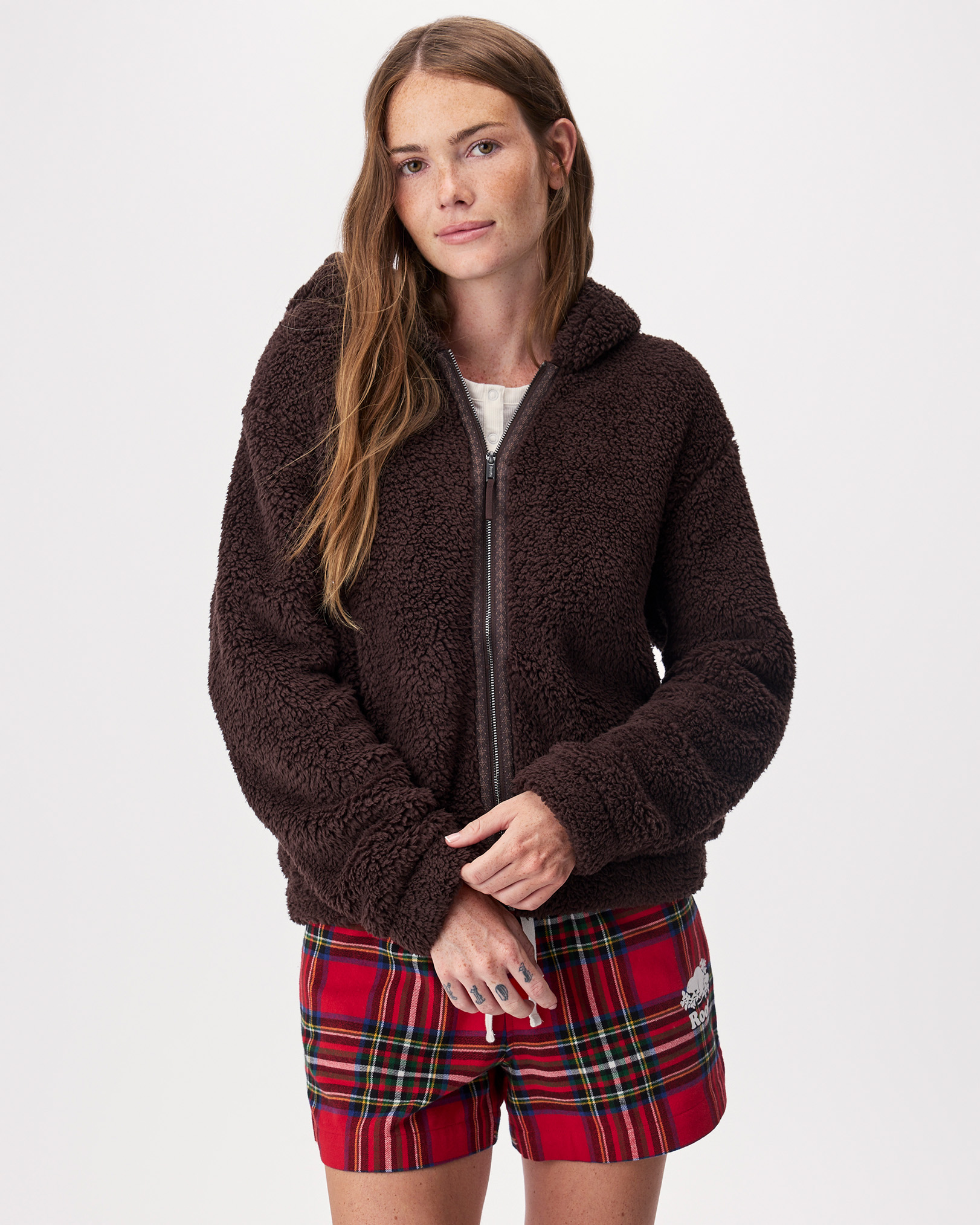 Roots Creekside Shearling Fleece Full Zip Hoodie in Black Coffee Brown