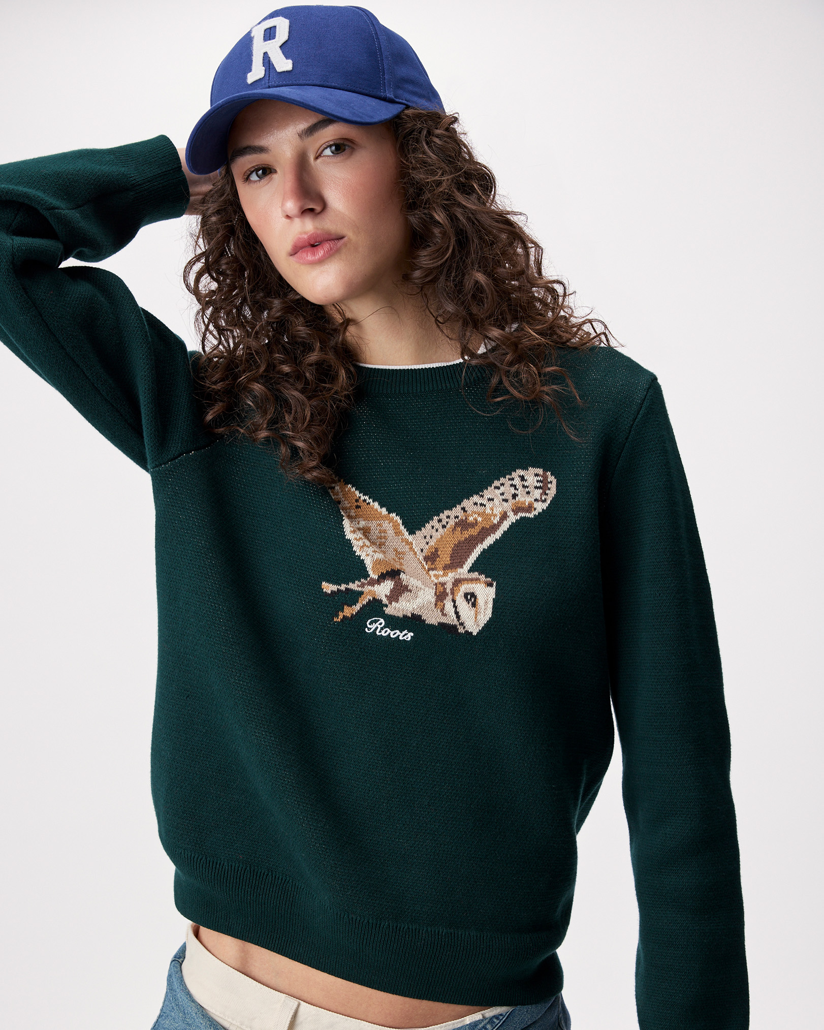 Roots Animal Knit Crew in Varsity Green