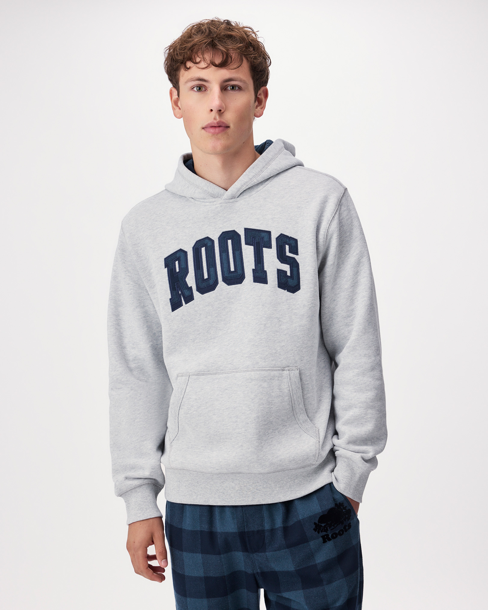 Roots Plaid Applique Hoodie in Athletic Grey Mix