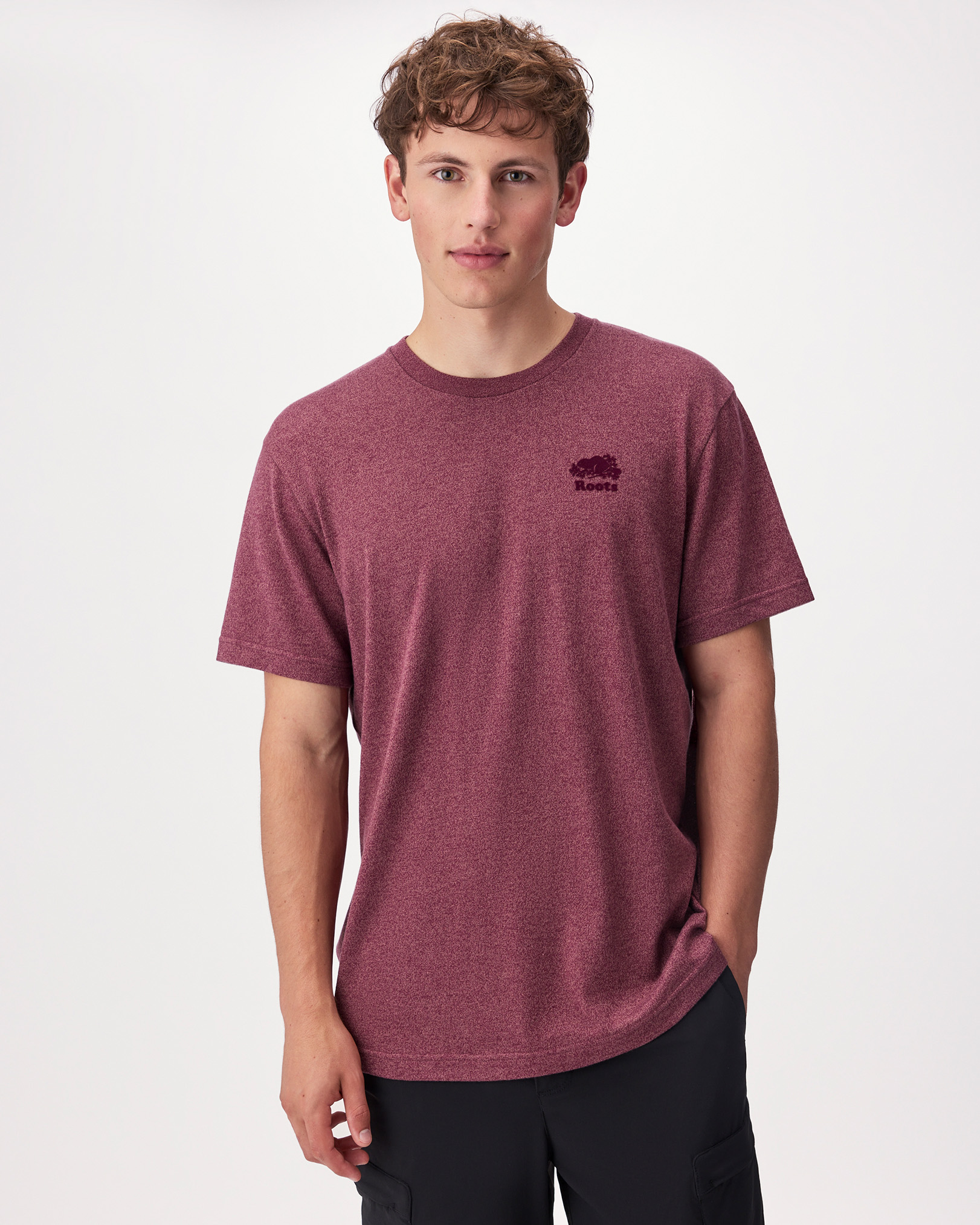 Roots Men's Organic Perfect Pepper T-Shirt in Maroon Fig Pepper