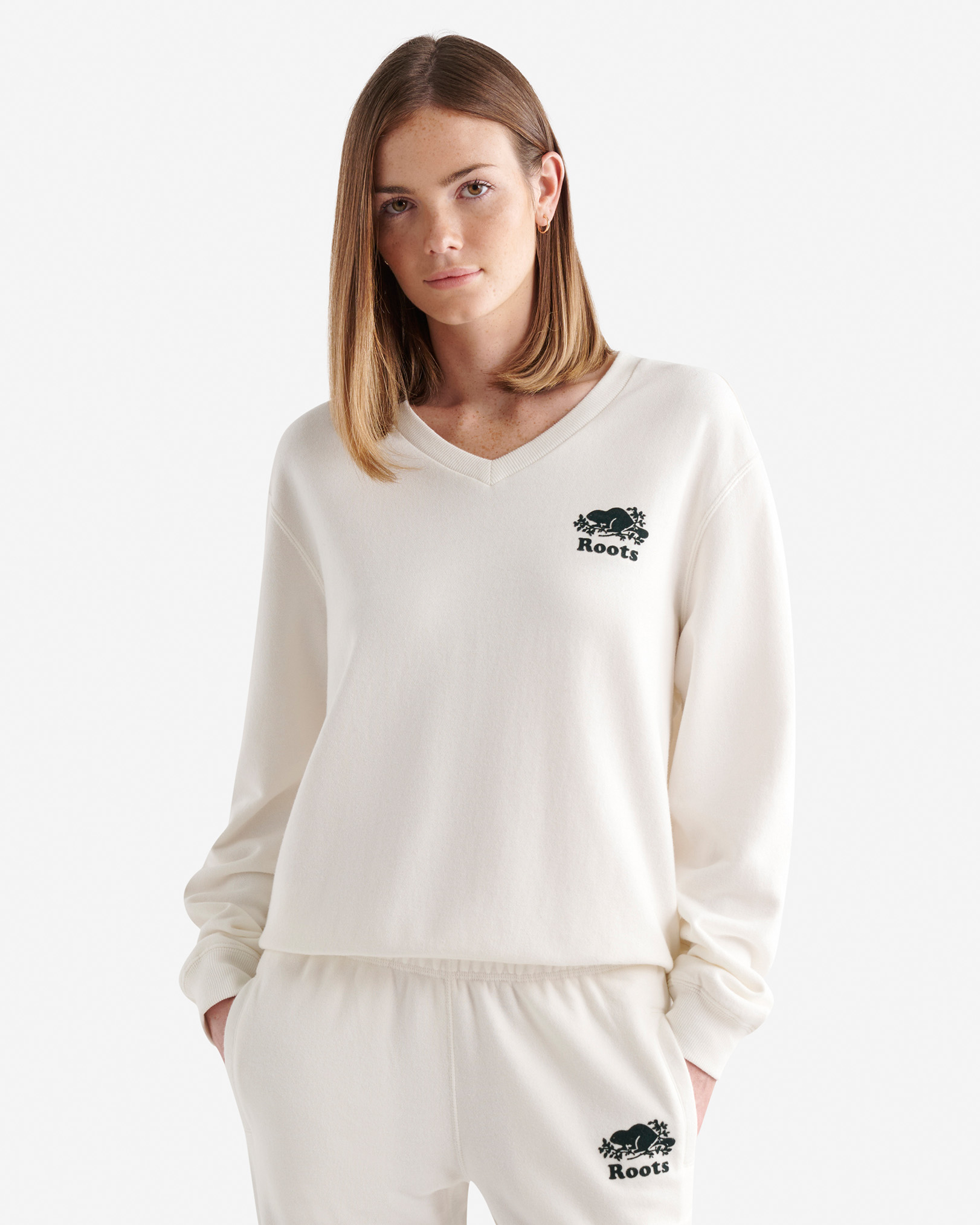 Roots Organic Cooper V-Neck Sweatshirt in Egret