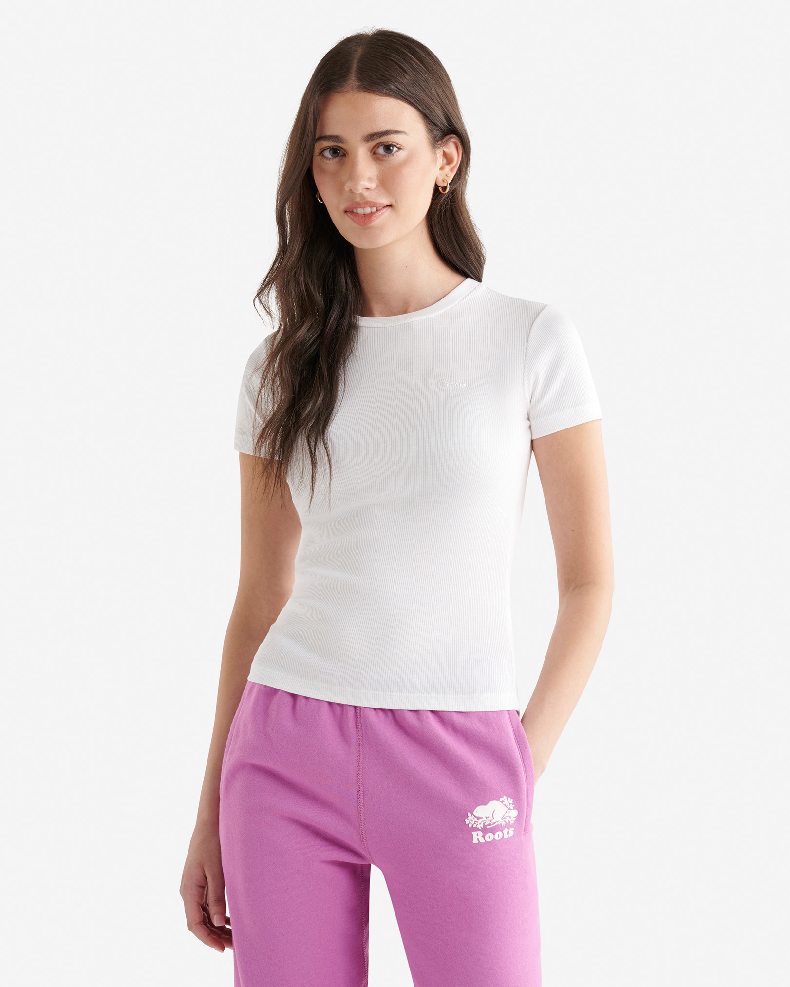 Roots Roam Rib Fitted Short Sleeve Top in White