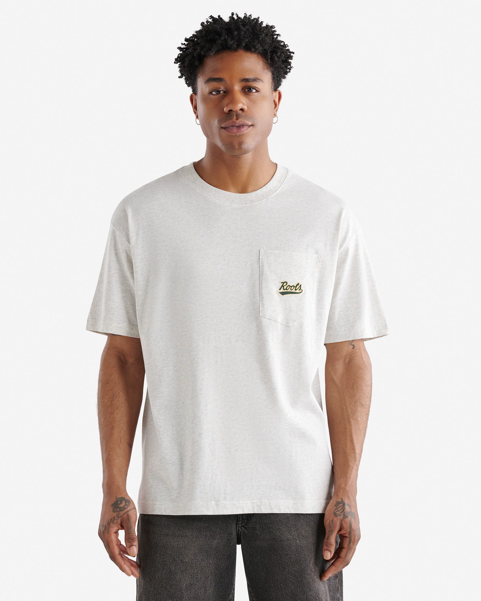 Roots Men's Relaxed Pocket T-Shirt in White Mix