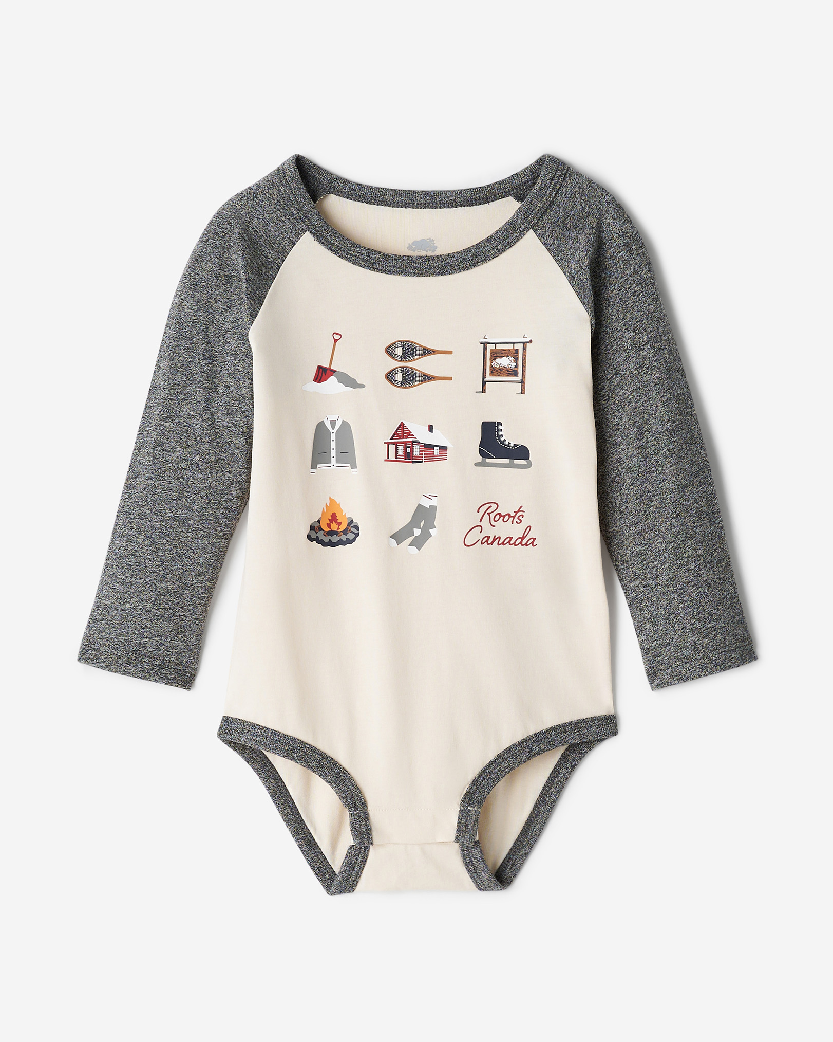 Roots Baby Cabin Baseball Bodysuit in Grey Oat Pepper