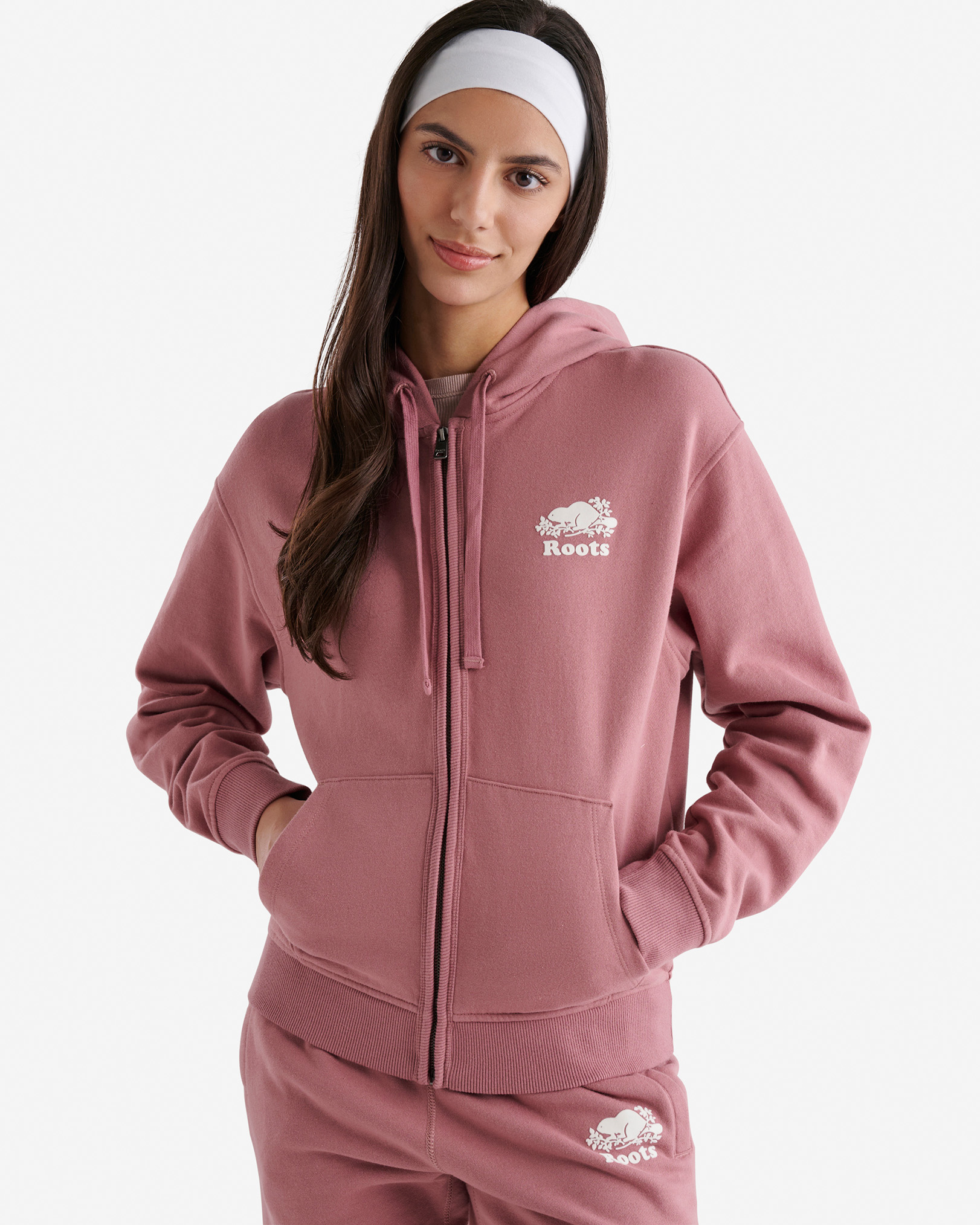 Roots Organic Original Relaxed Full Zip Hoodie in Retro Rose