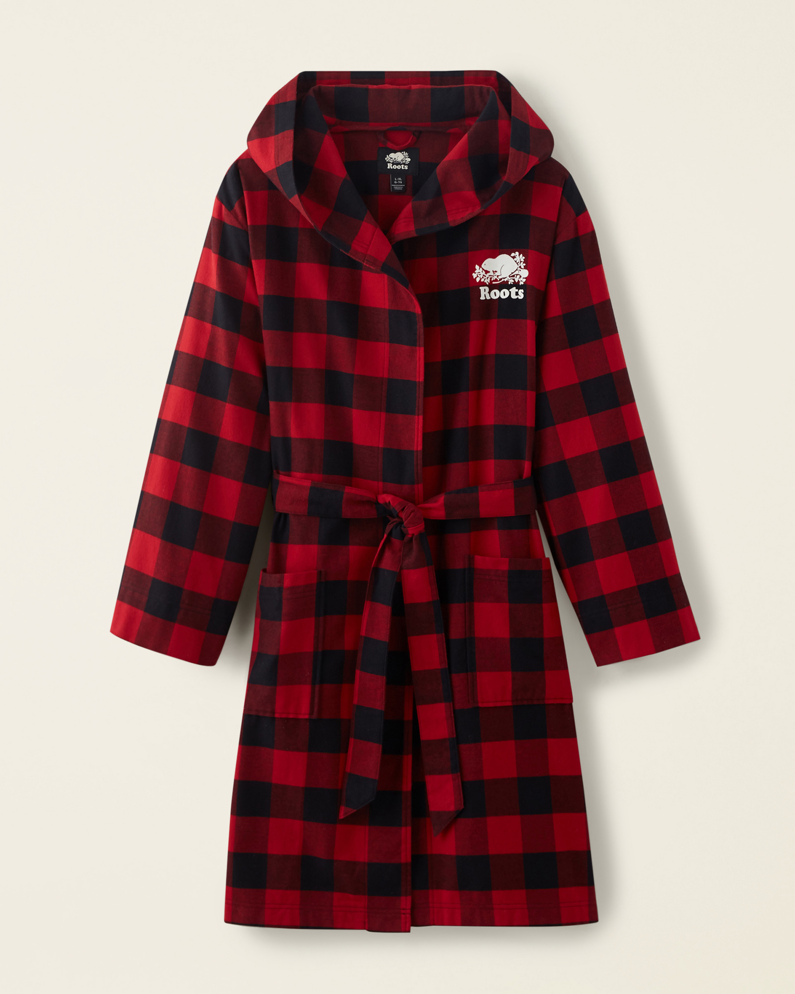 Roots Gender Free Park Plaid Hooded Robe in Cabin Red