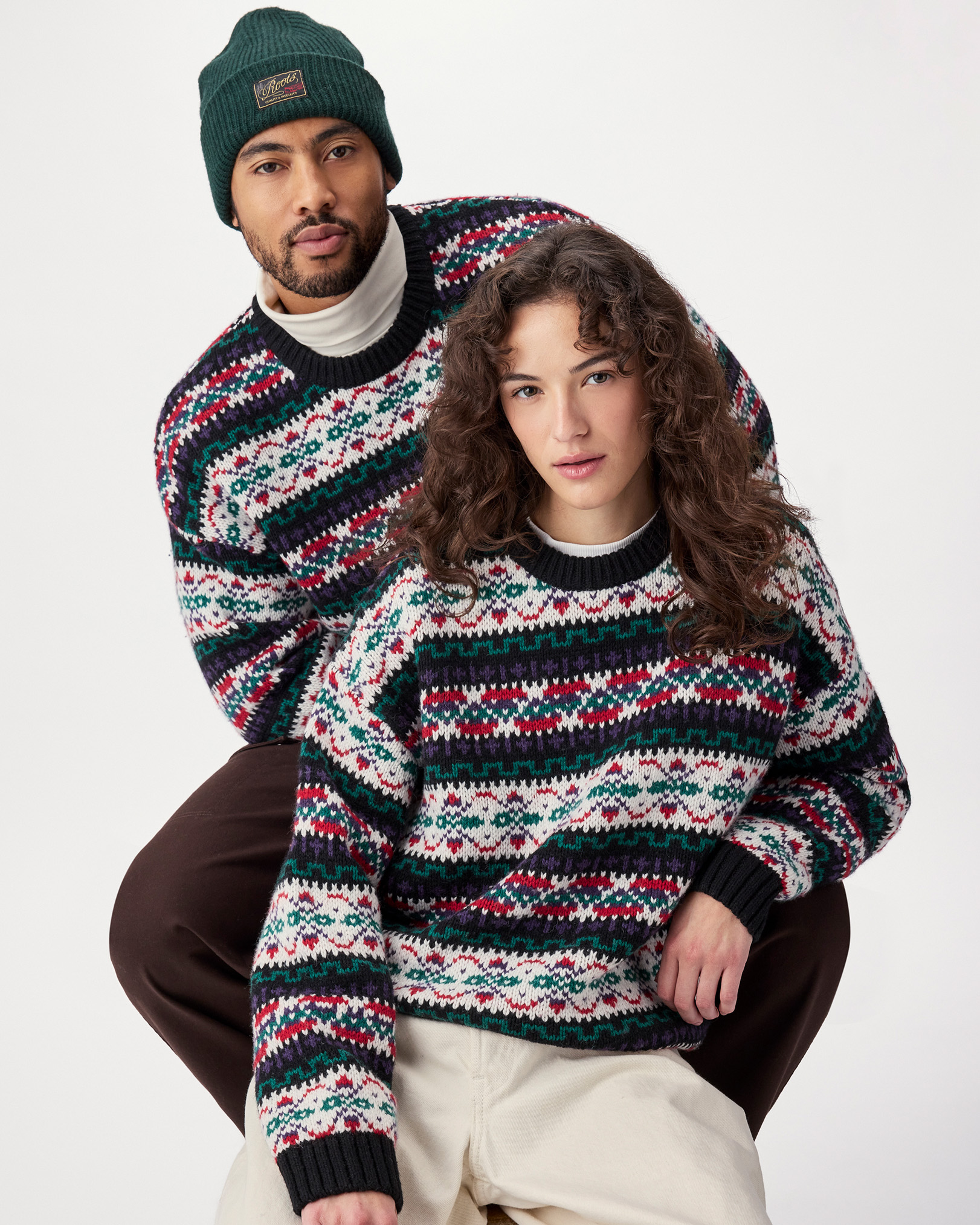 Roots Heritage Fair Isle Crew in Black