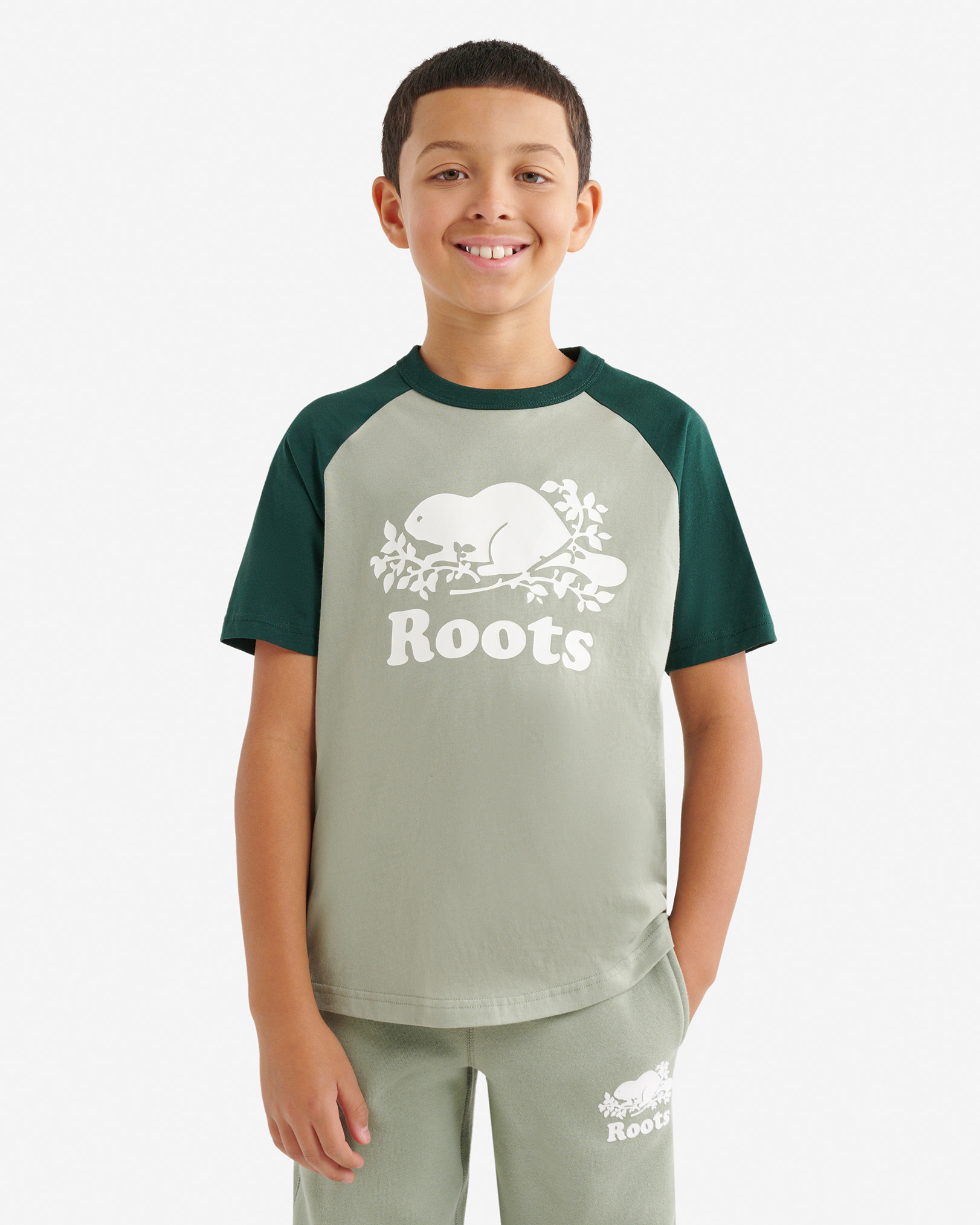Roots Kids Cooper Baseball Short Sleeve T-Shirt in Shadow Green