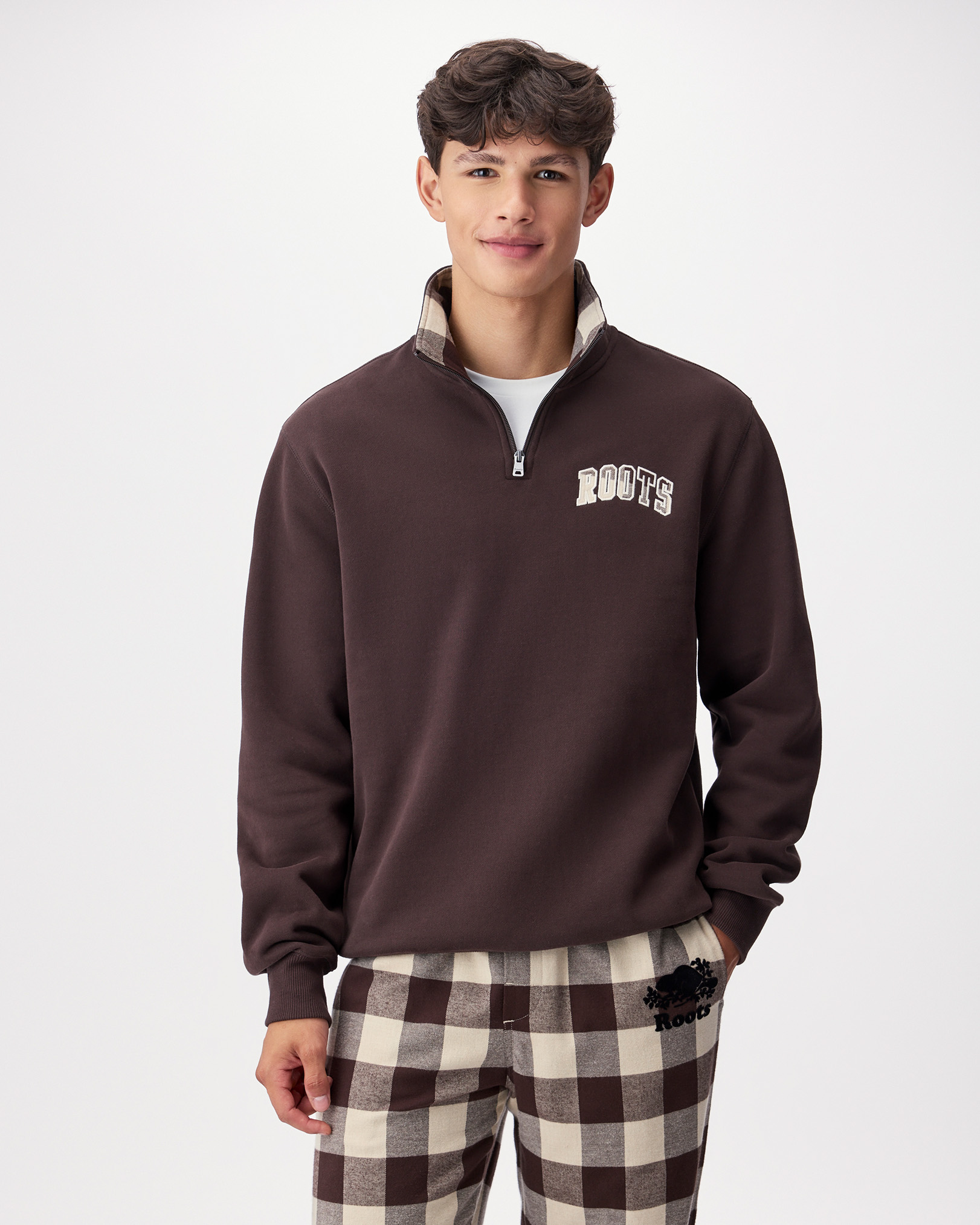 Roots Plaid Applique Quarter Zip in Black Coffee Brown