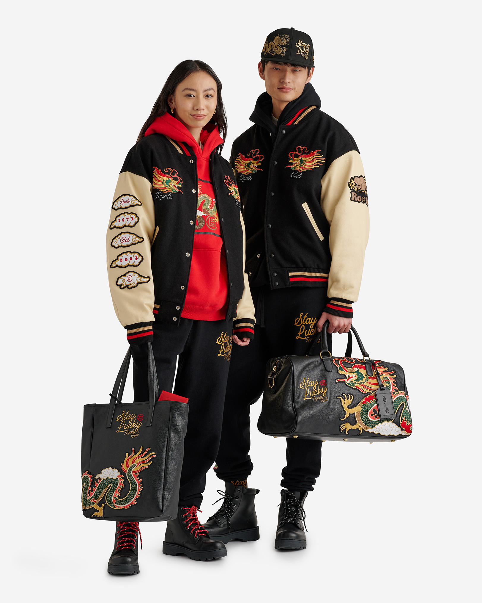 Roots X CLOT Lunar New Year Dragon Varsity Jacket in Black/Ivory