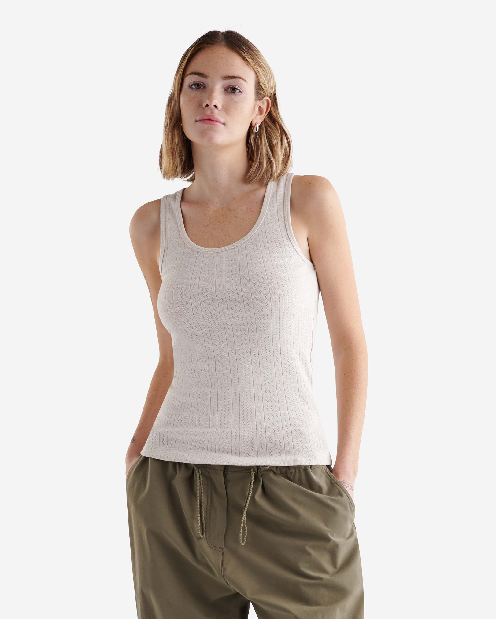 Roots Pointelle Scoop Neck Tank Top in Oatmeal Mix
