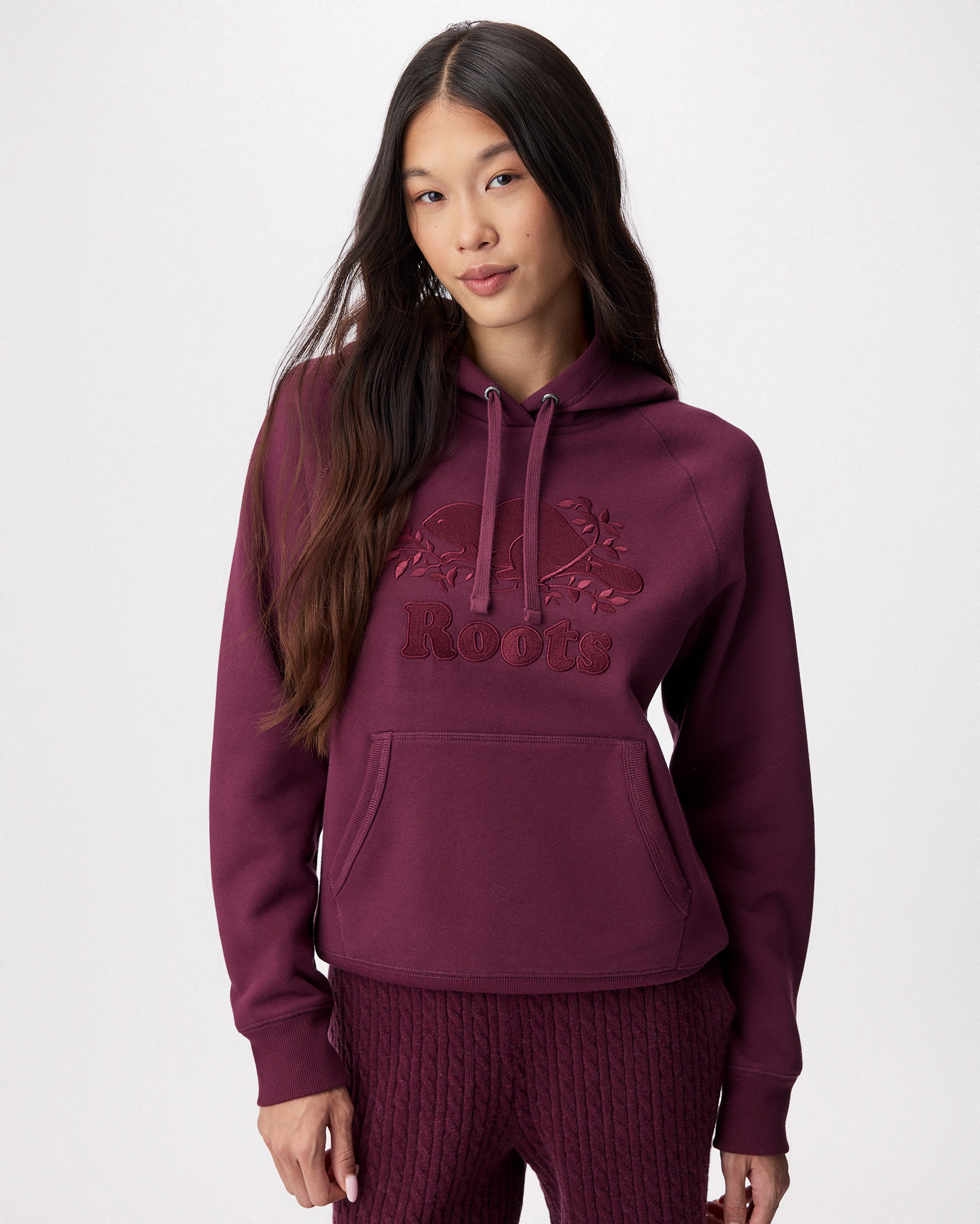 Roots Organic Cooper Satin Stitch Kanga Hoodie in Maroon Fig
