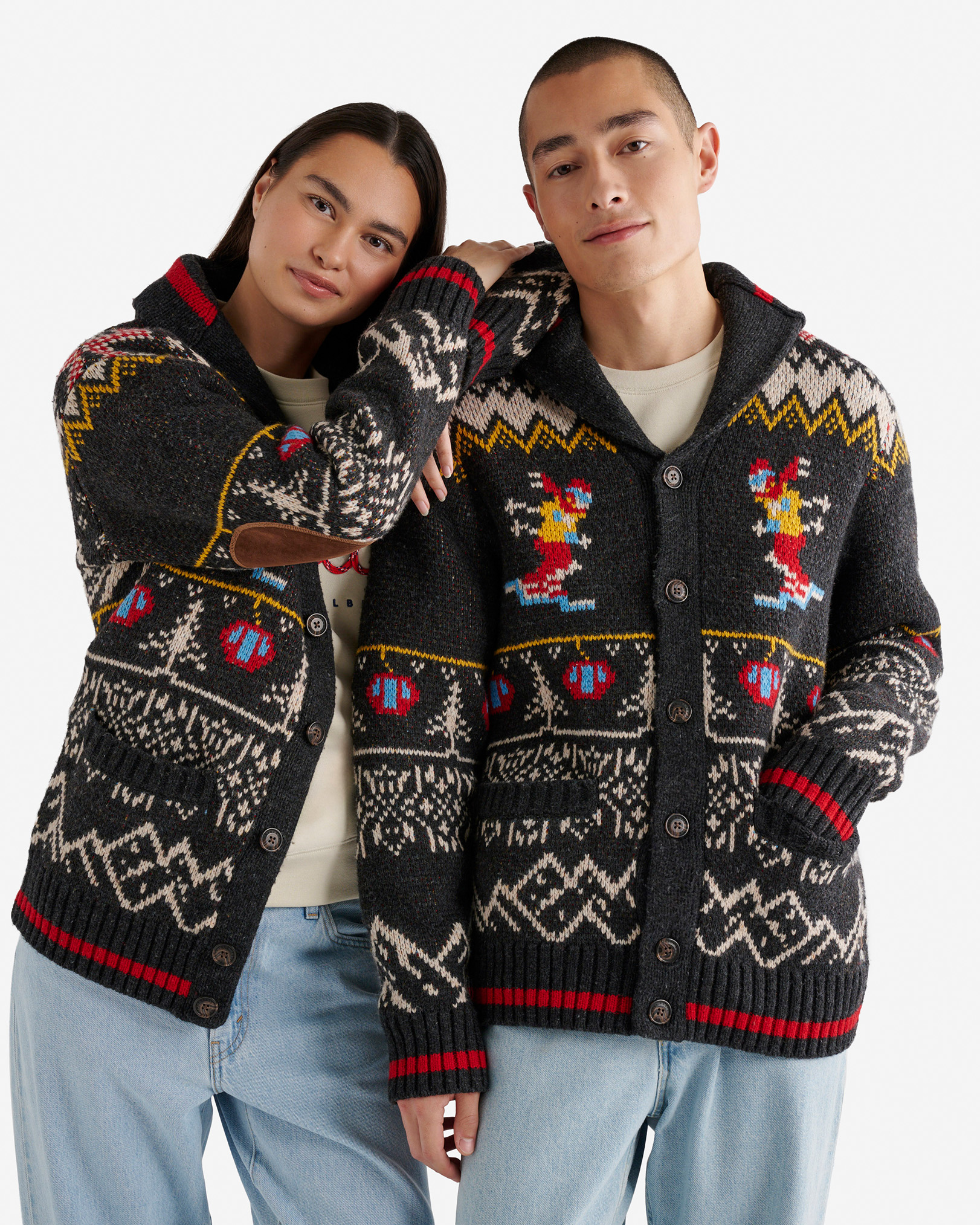 Roots Cabin Shawl Fair Isle Cardigan Shirt in Black Mix