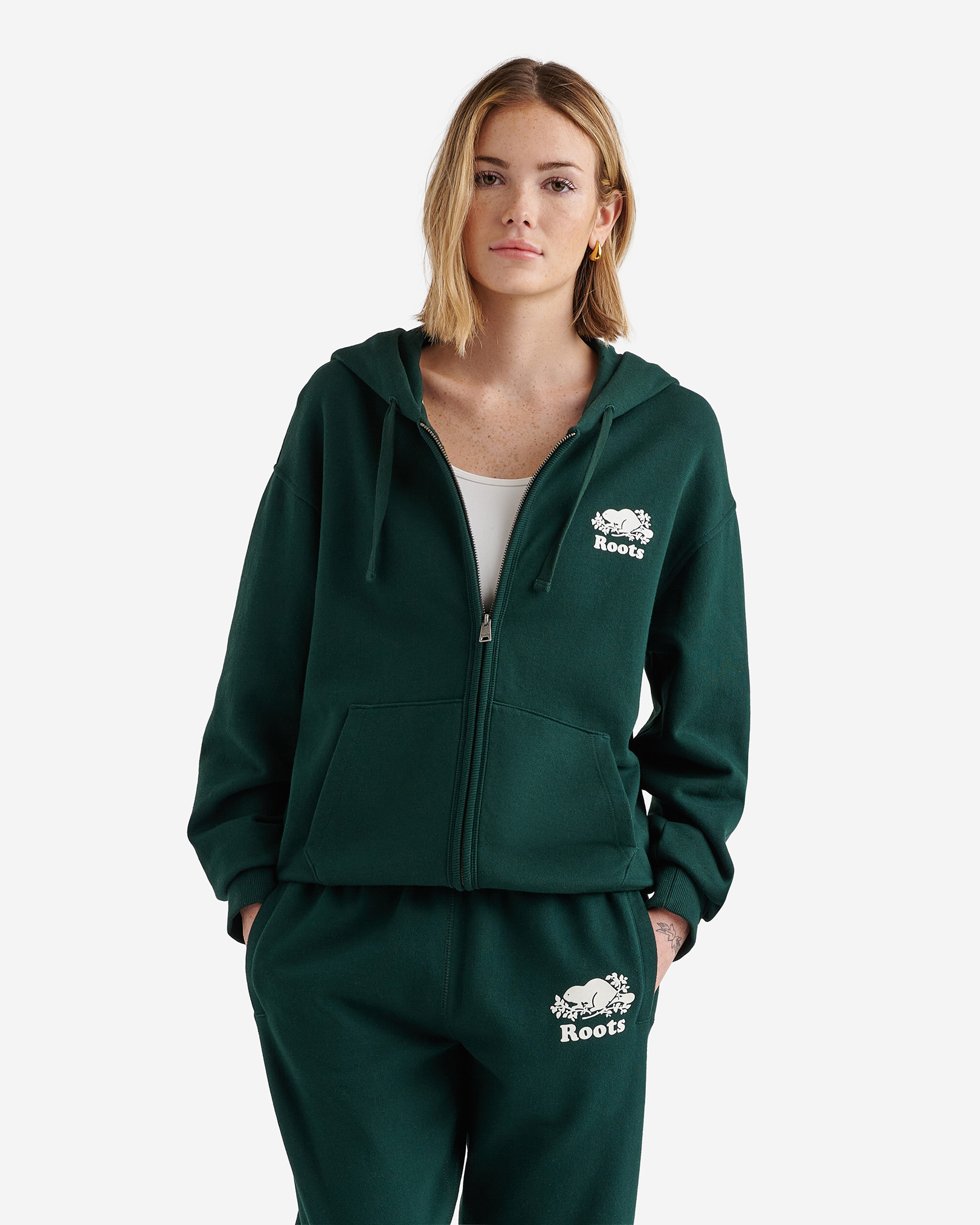 Roots Organic Original Relaxed Full Zip Hoodie in Varsity Green