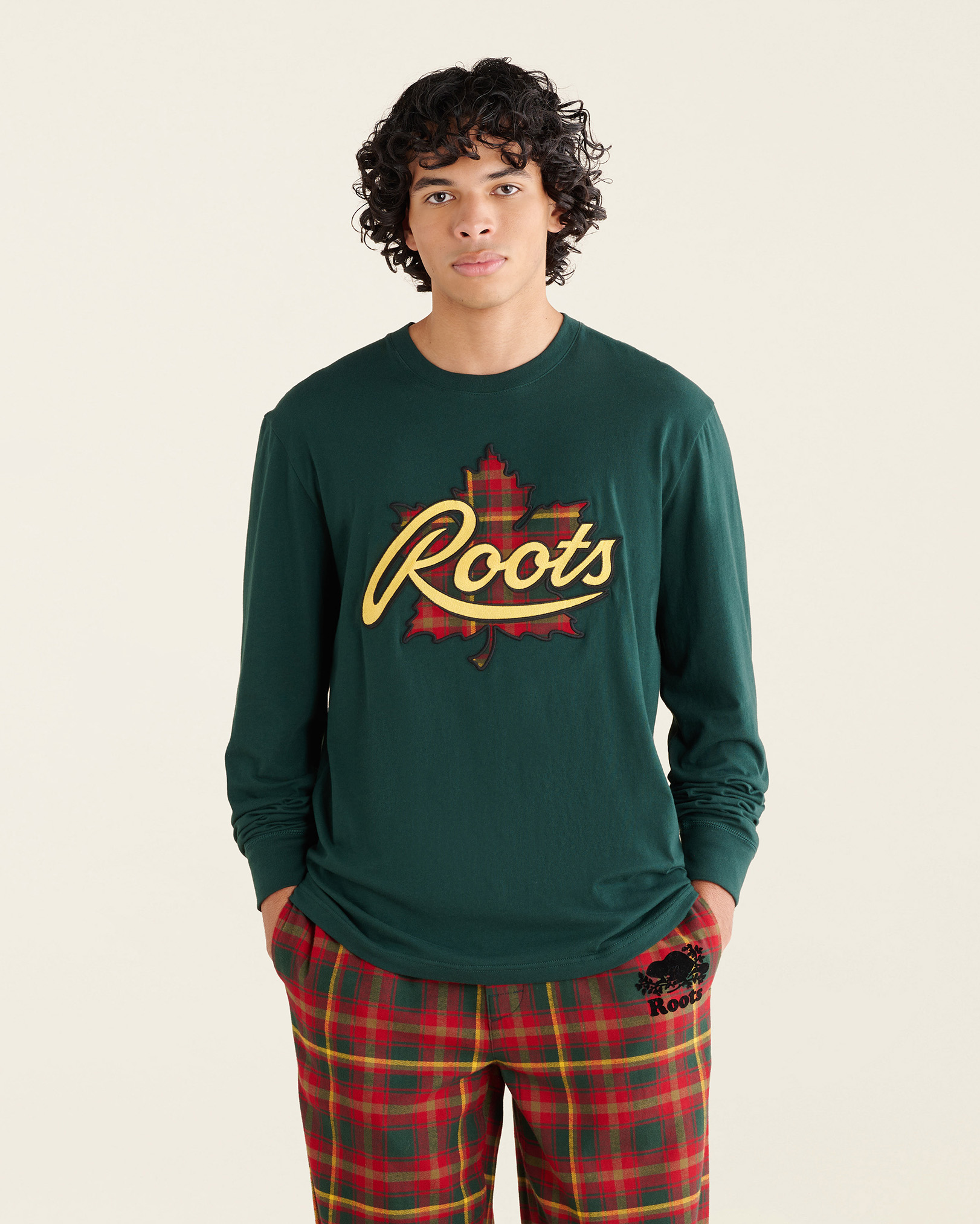 Roots Men's Leaf Plaid Fill Long Sleeve T-Shirt in Varsity Green