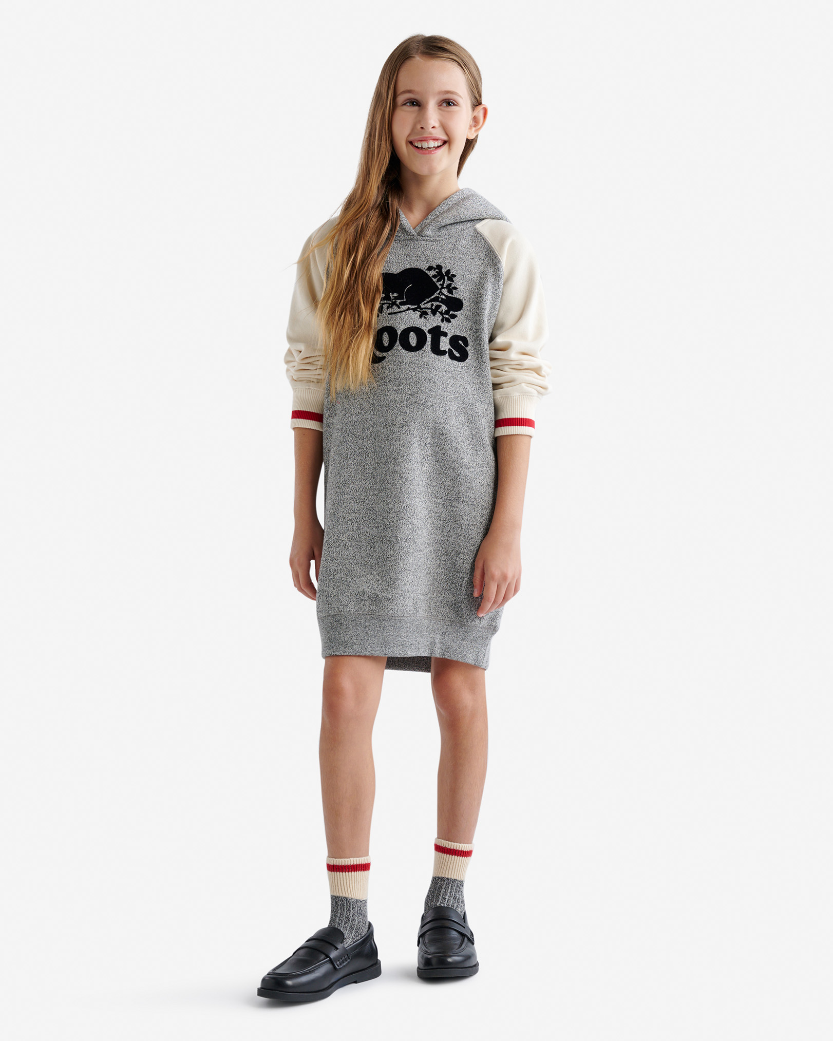Roots Girl's Cabin Hoodie Dress in Grey Oat Pepper