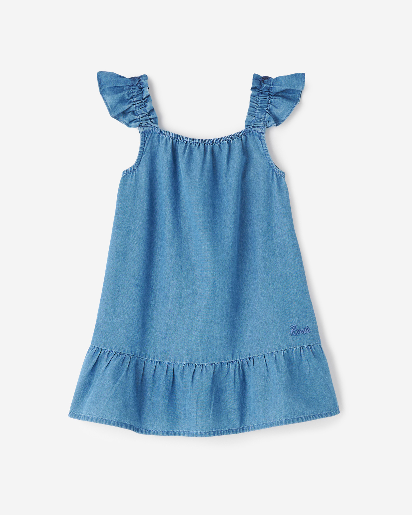 Roots Toddler Girl's Chambray Ruffle Dress in Washed Indigo