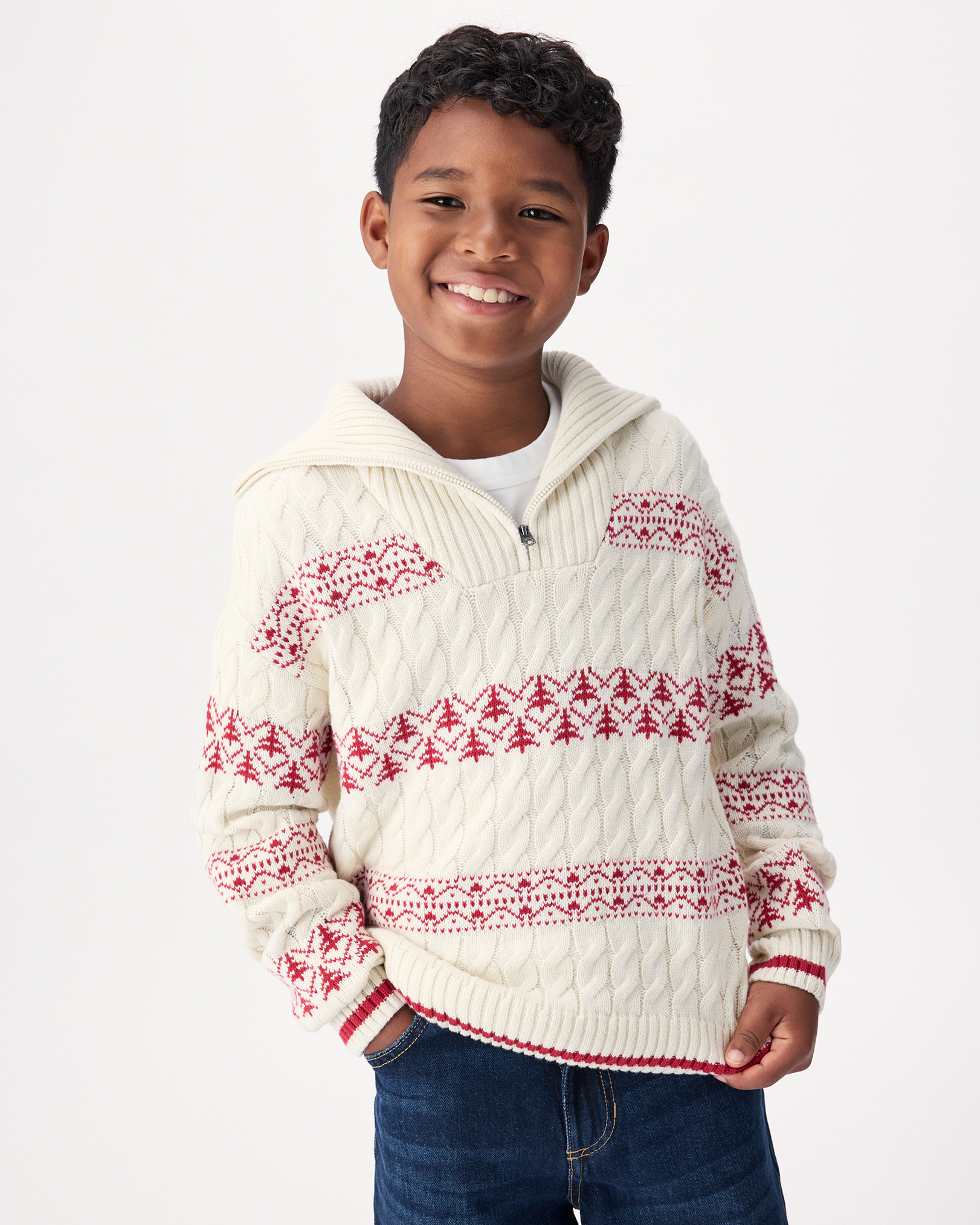 Roots Kids Cabin Striped Quarter Zip Sweater in Birch White
