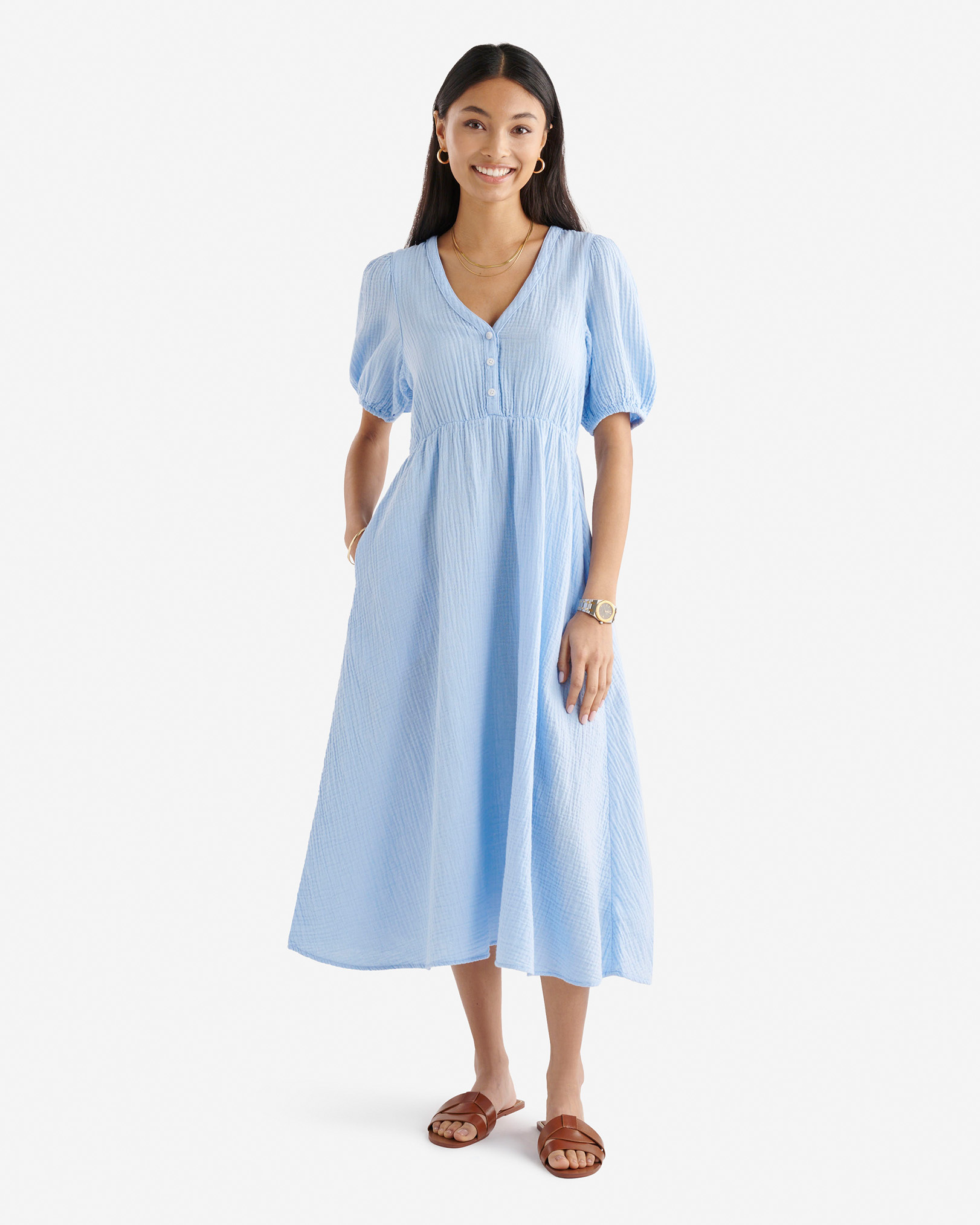 Roots Isla Cotton Gauze Tea Dress in Chambray Blue