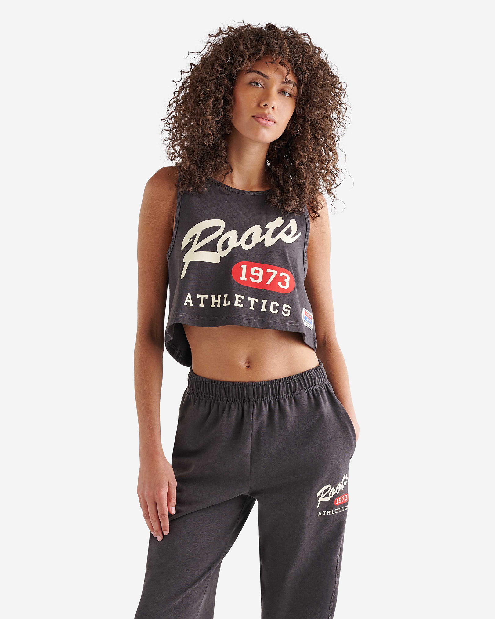 Roots Warm-Up Jersey Relaxed Tank Top in Charcoal Black