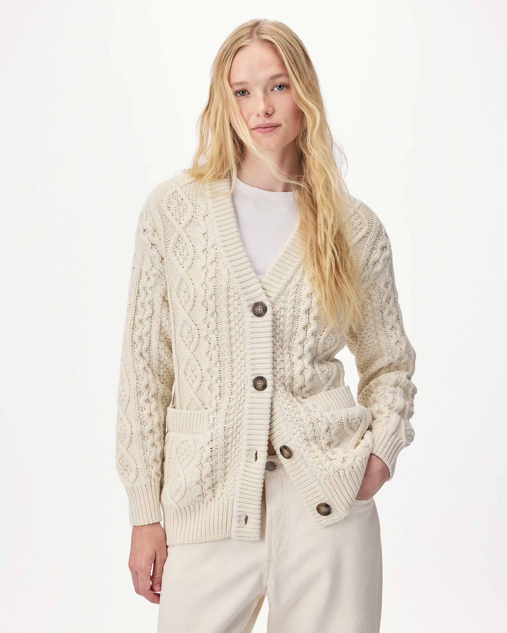 Roots Cable Knit Cardigan in Birch White
