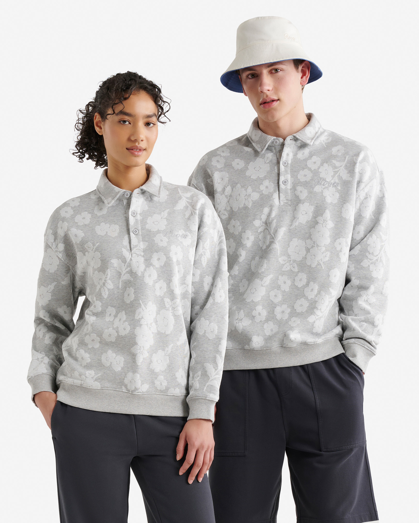 Roots Floral Jacquard Polo in Heather Grey
