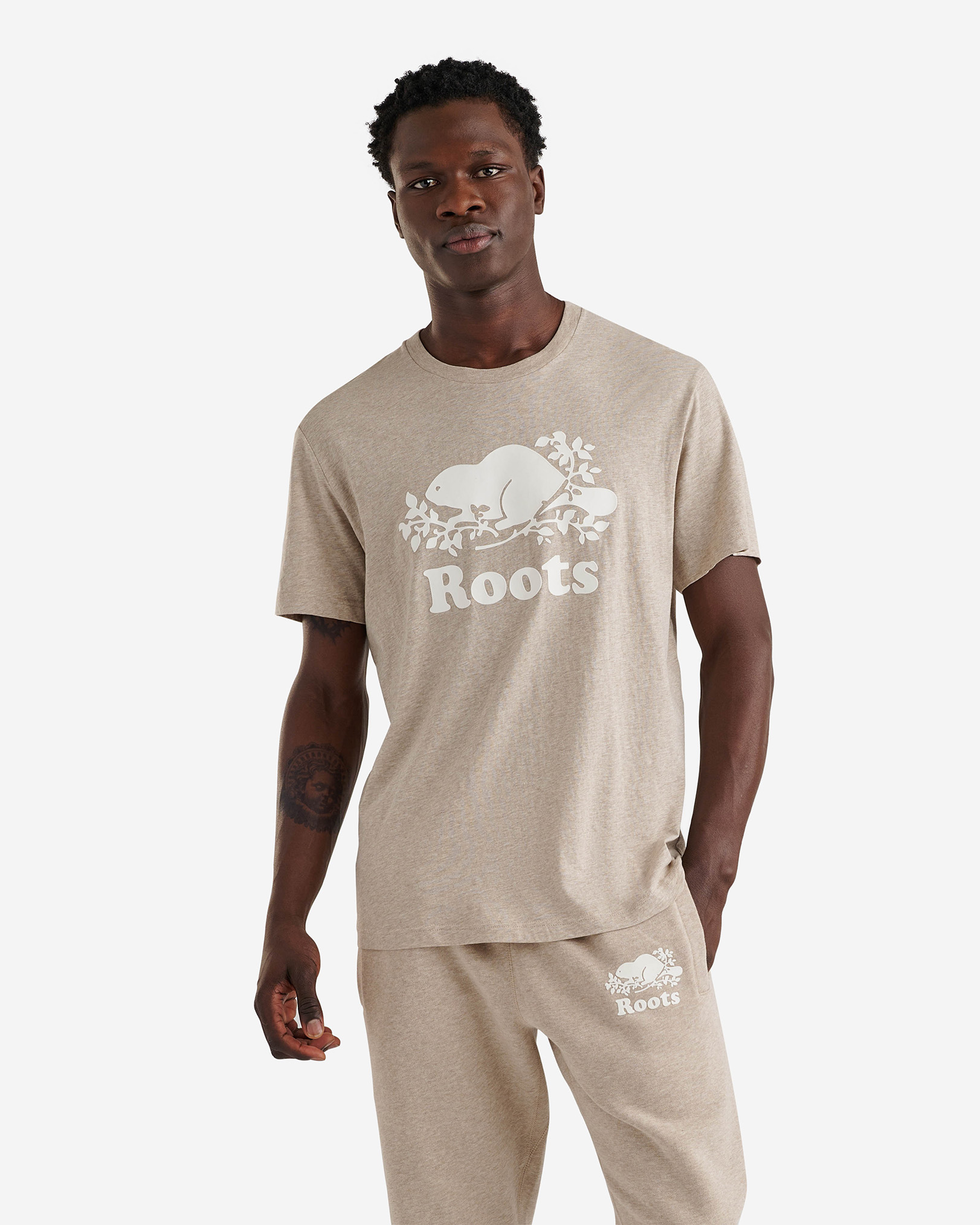 Roots Men's Organic Cooper Beaver T-Shirt in Beige Sand Mix