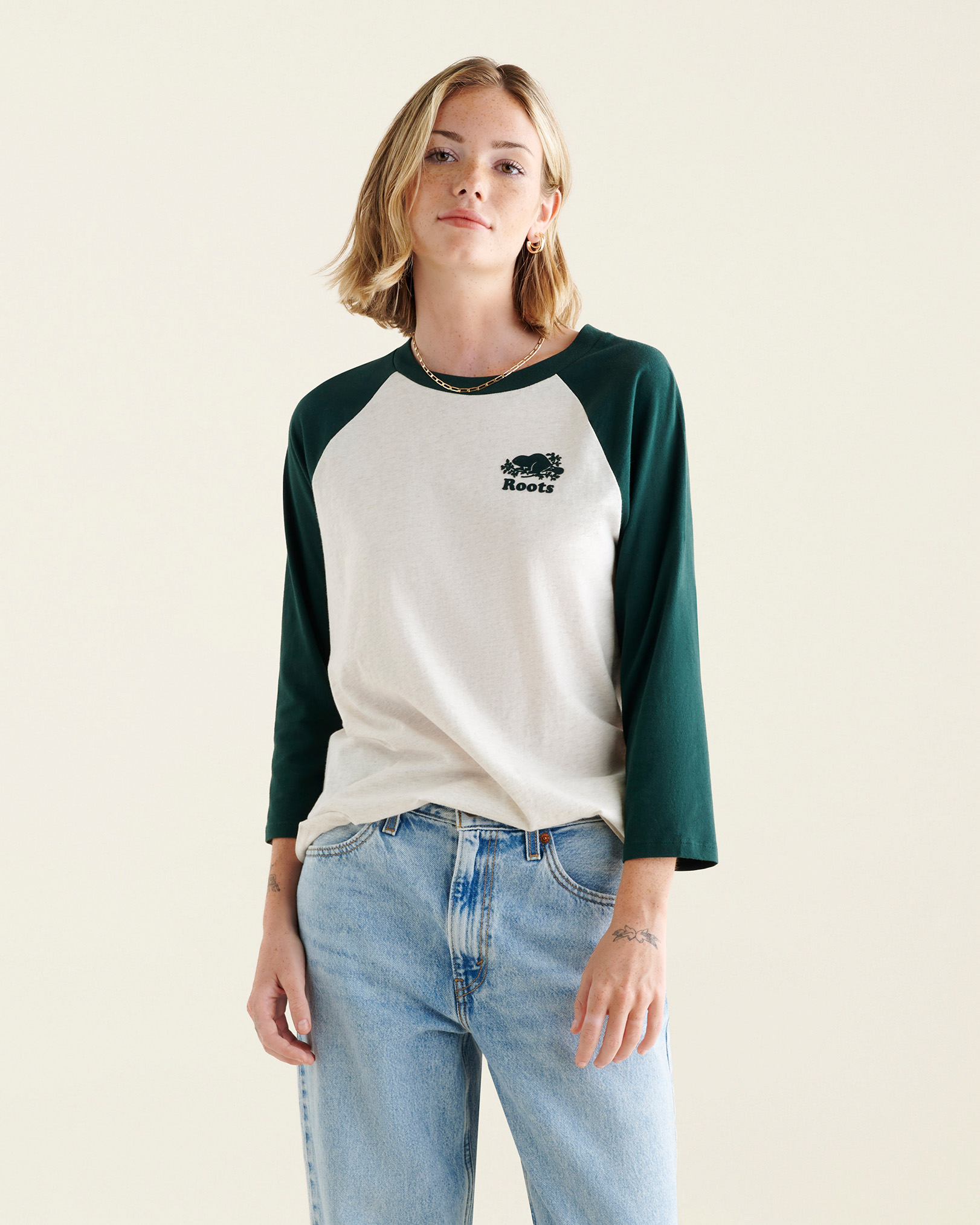 Roots Women's Organic Cooper Baseball T-Shirt in Varsity Green