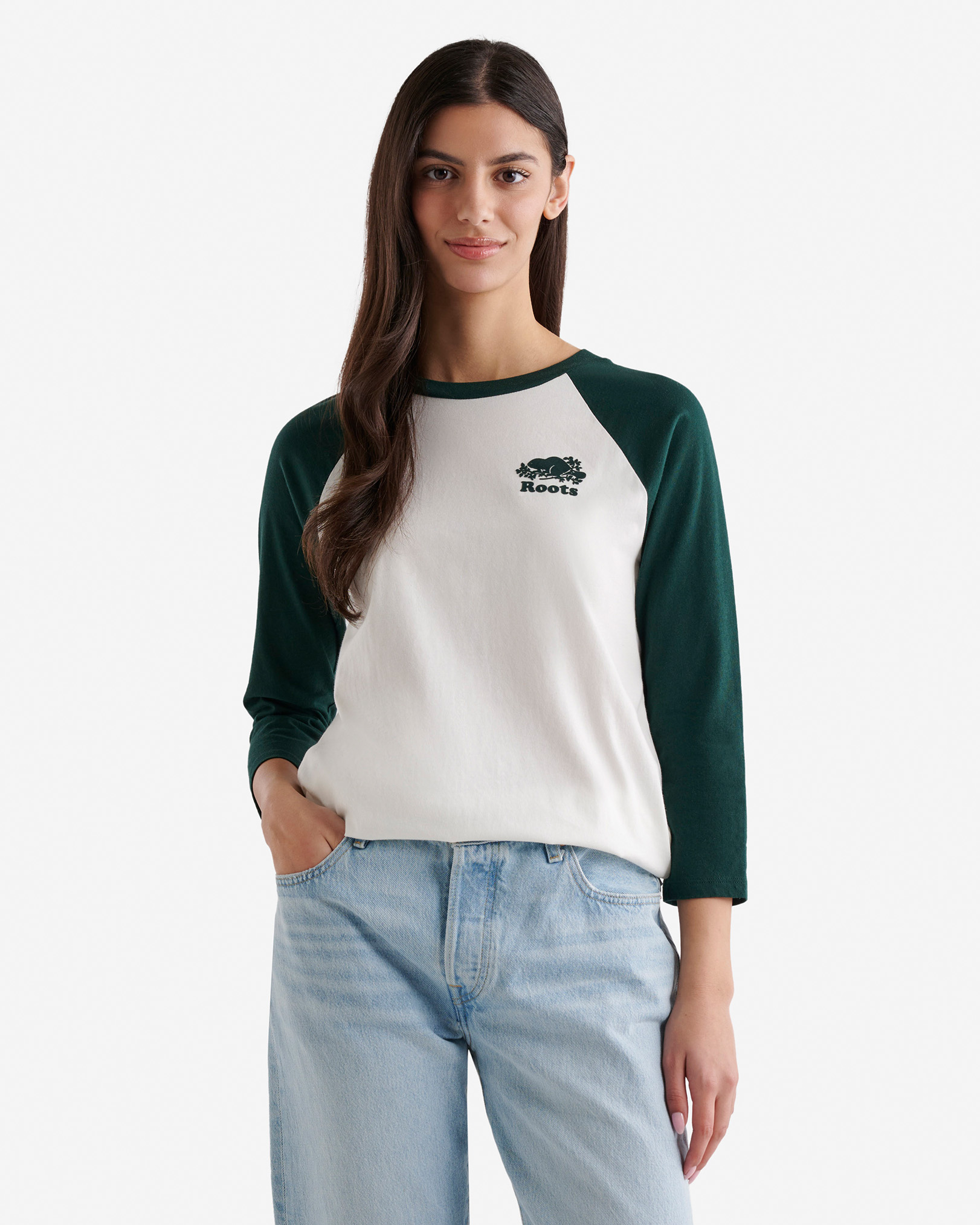 Roots Women's Organic Cooper Baseball T-Shirt in Varsity Green