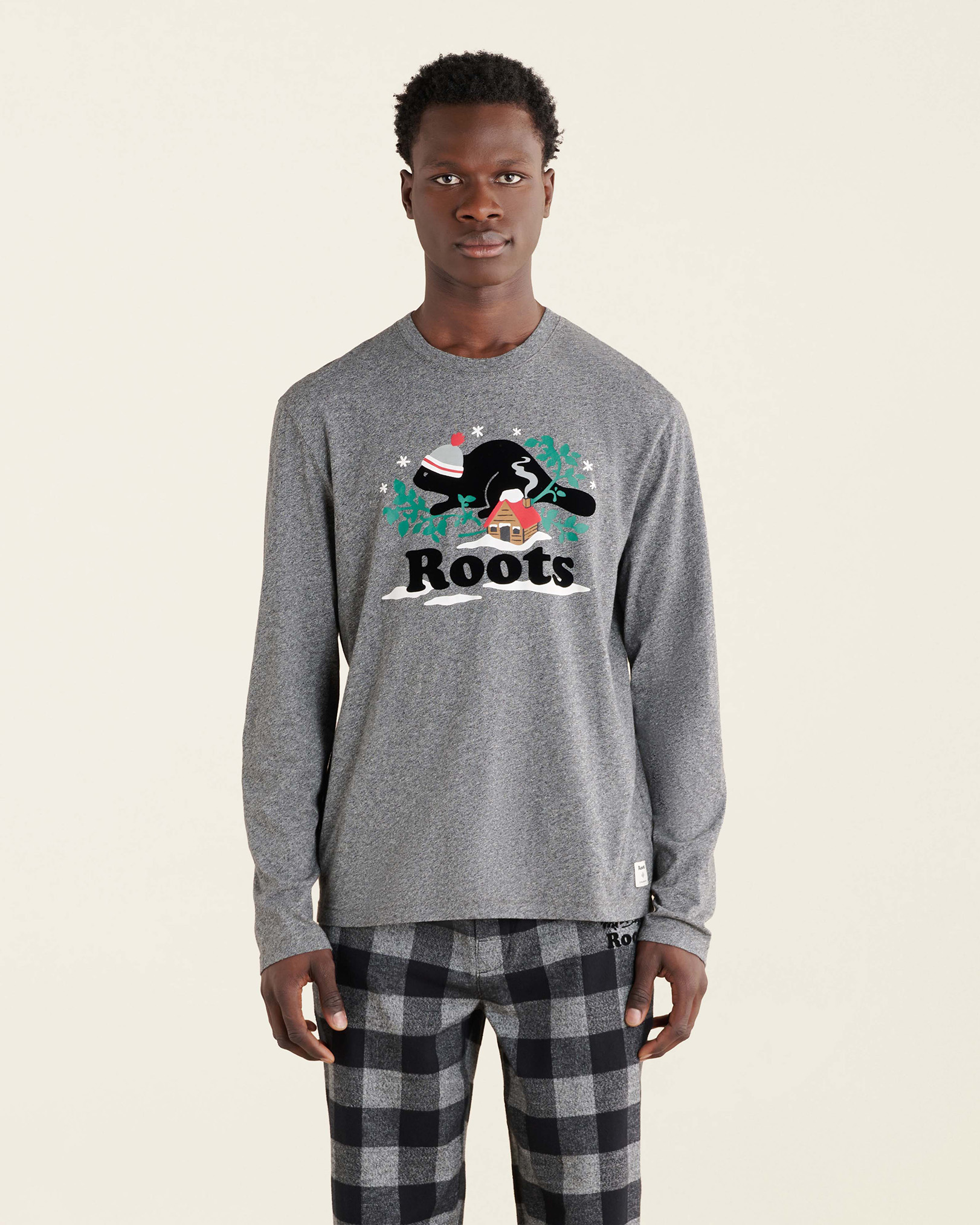 Roots Men's Winter Cooper Long Sleeve T-Shirt in Salt/Pepper