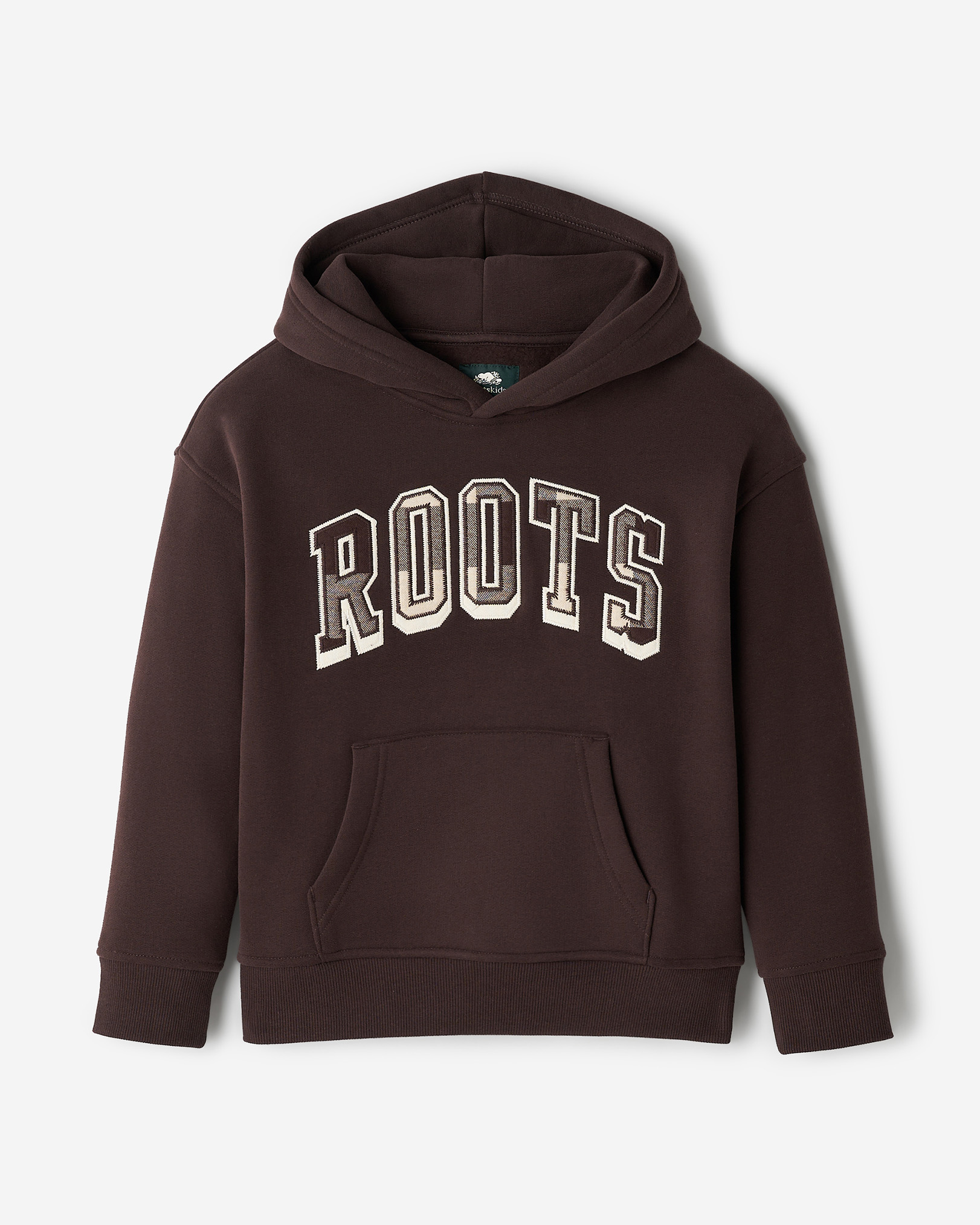Roots Kids Plaid Applique Hoodie in Black Coffee Brown