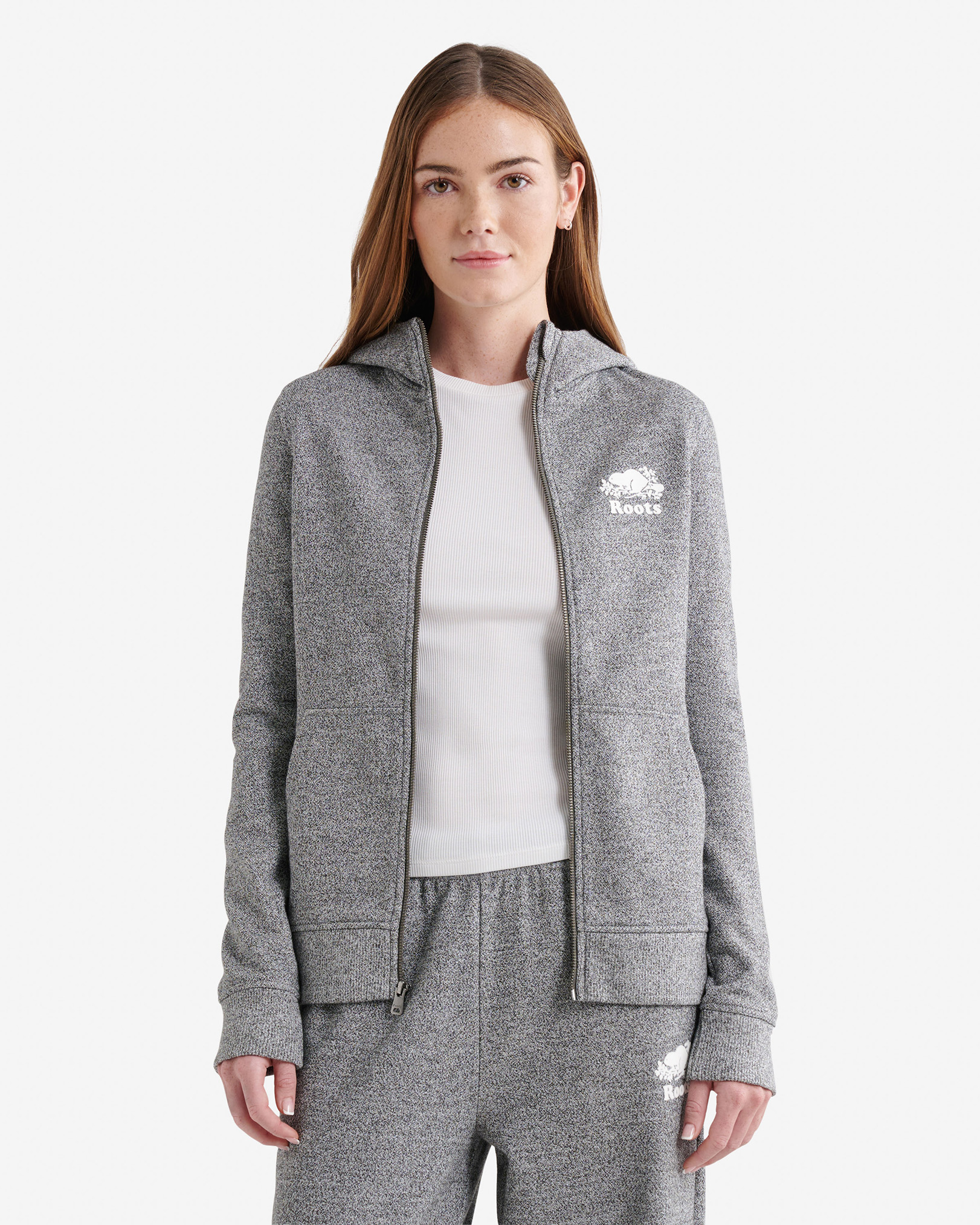Roots Organic Cooper Slim Full Zip Hoodie in Salt/Pepper Grey