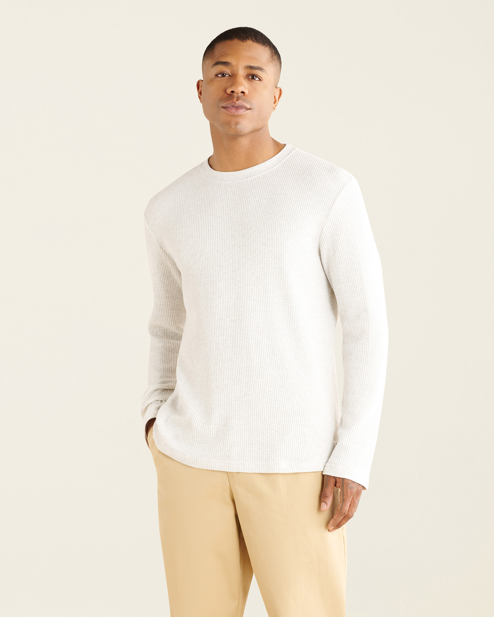 Roots Waffle Long Sleeve Crew Top in White Mix
